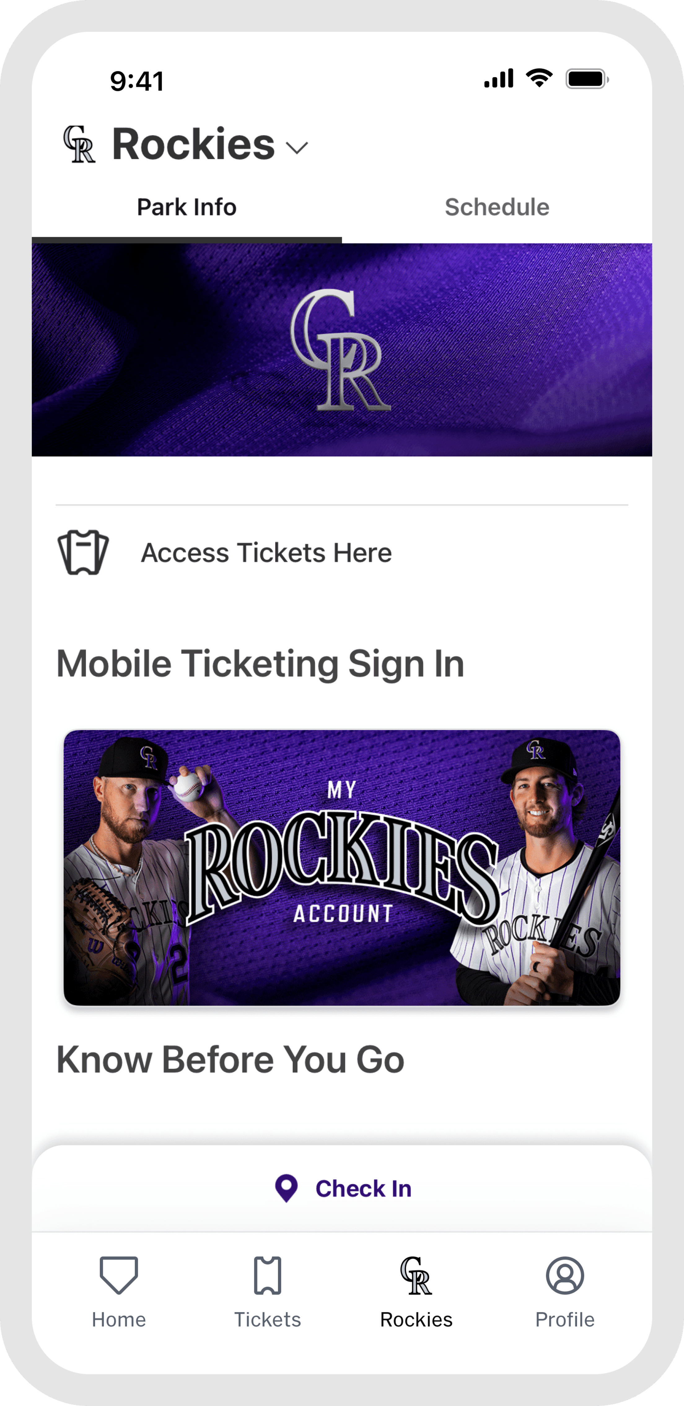 MLB Ballpark app Team Tab view for the Colorado Rockies.
