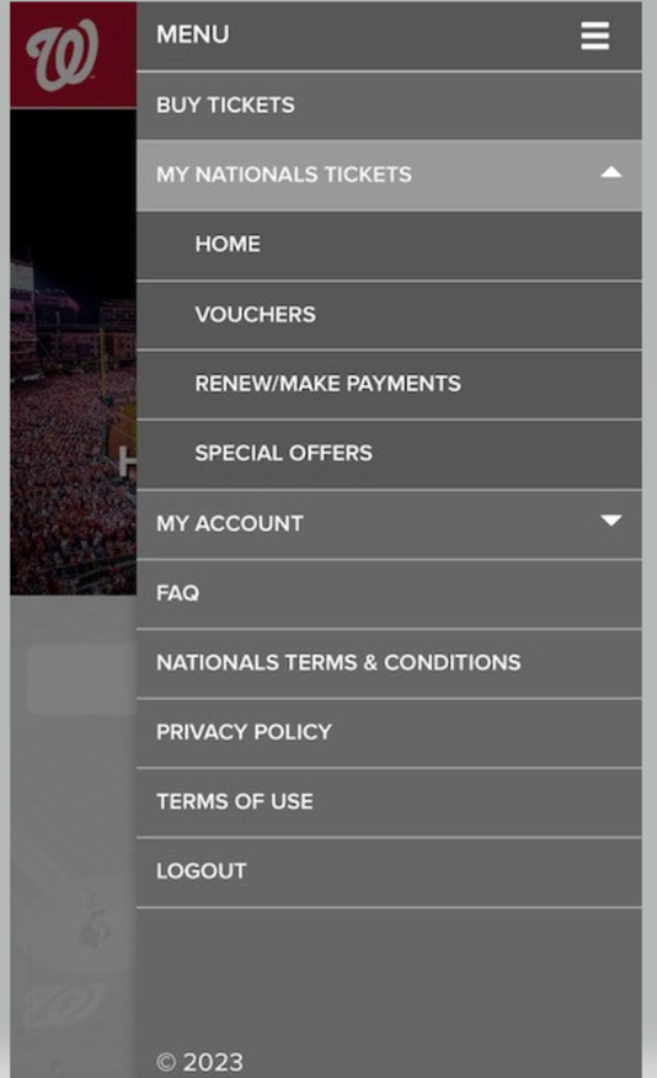 Click on “MY NATIONALS TICKETS” and select “VOUCHERS”