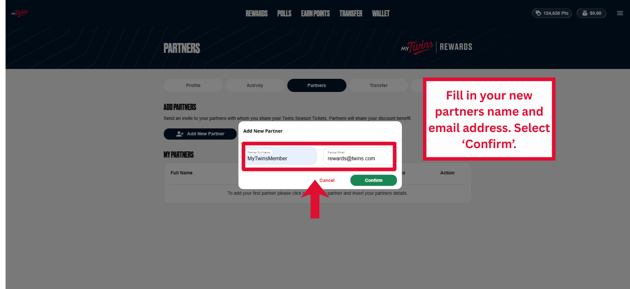 Fill in your new partners name and email address. Select 'Confirm'.