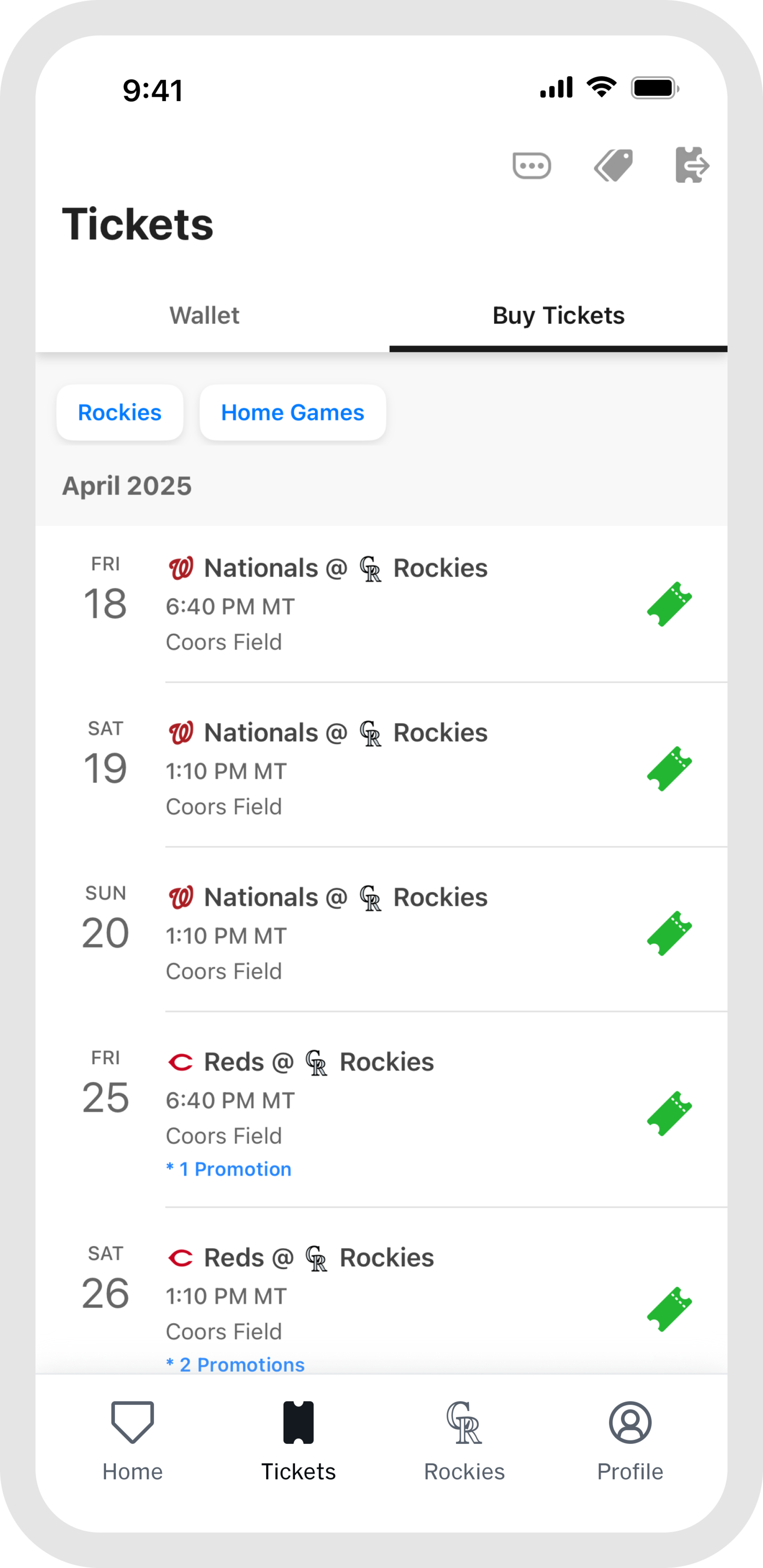 MLB Ballpark app Buy Tickets screen.