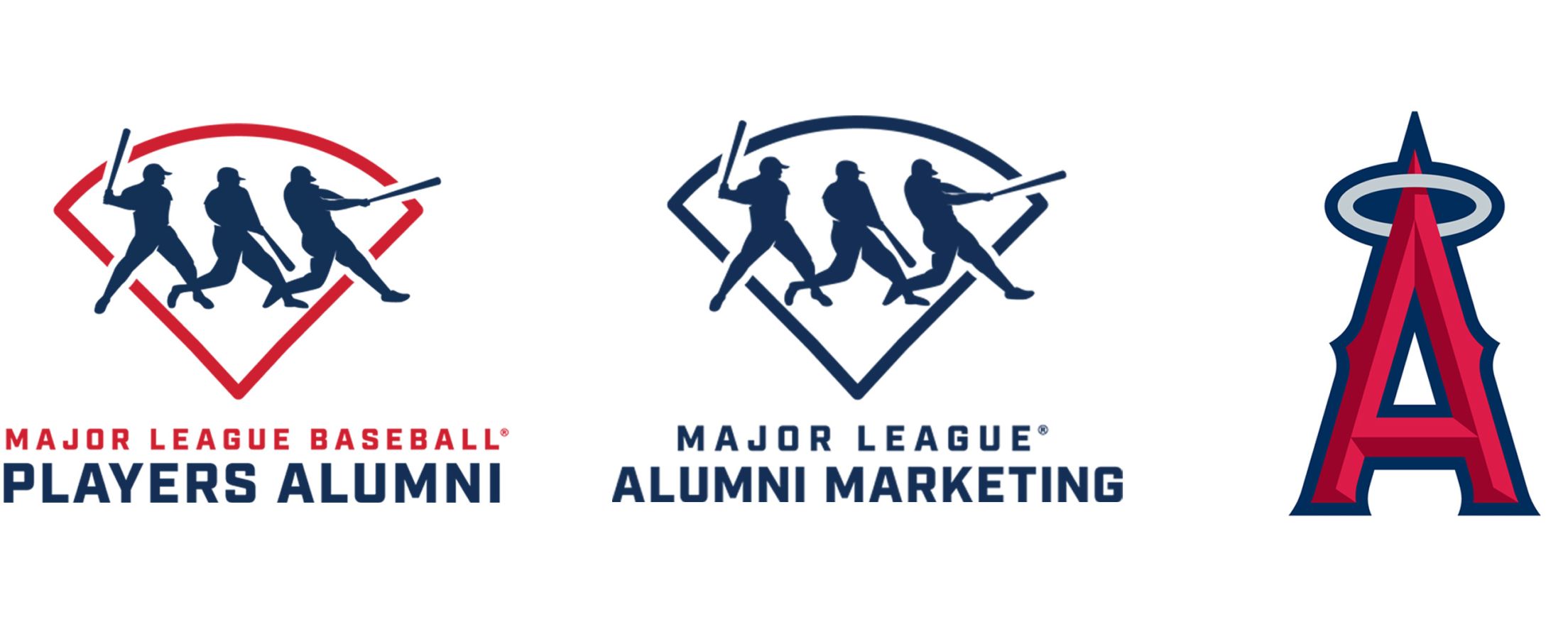MLB Players Alumni, Major League Alumni Marketing and Los Angeles Angels logos.