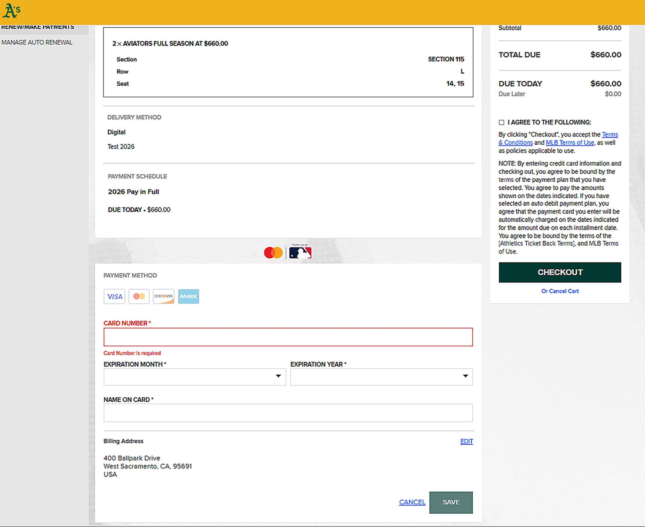 Once you have applied the split (if applicable), you are able to agree to the terms and conditions and select “Checkout”