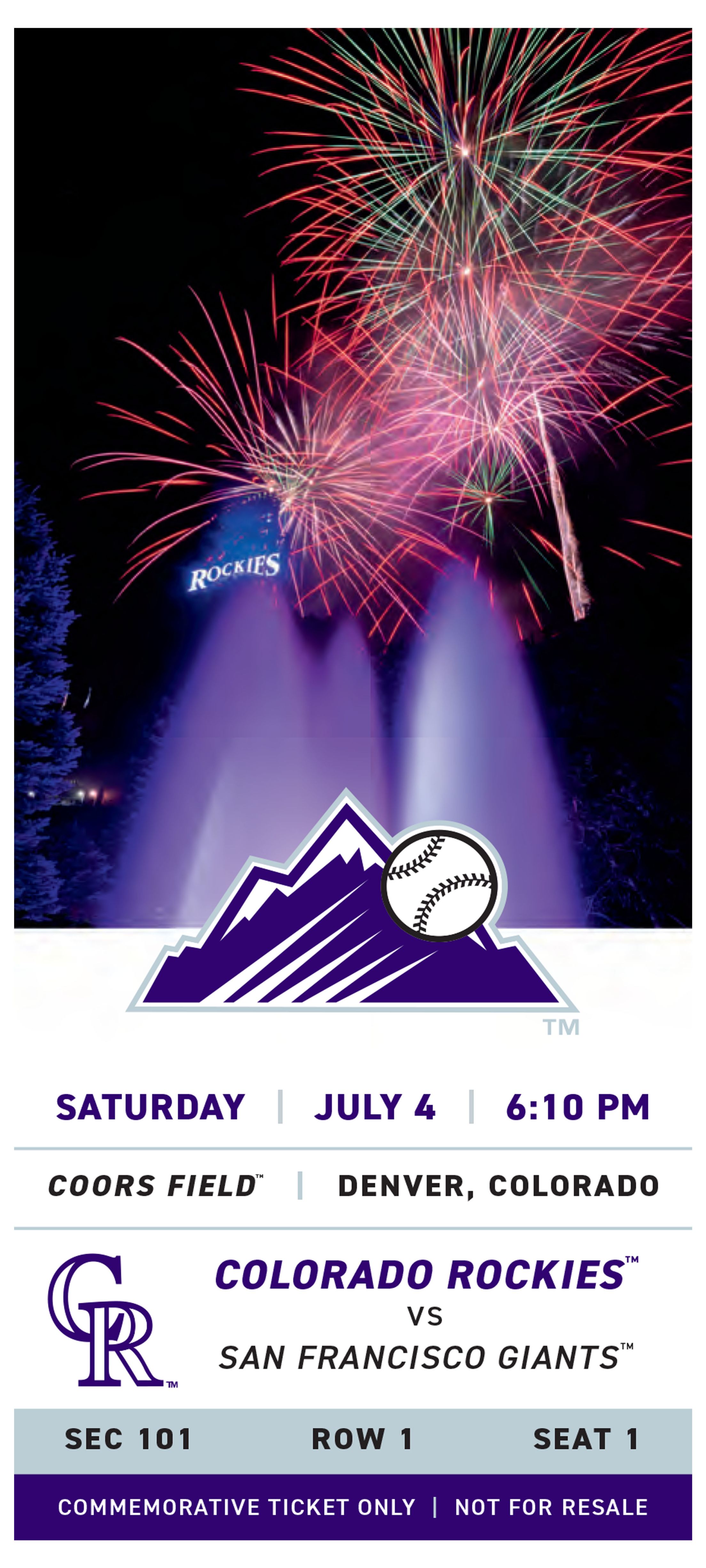 Colorado Rockies commemorative Fireworks ticket template