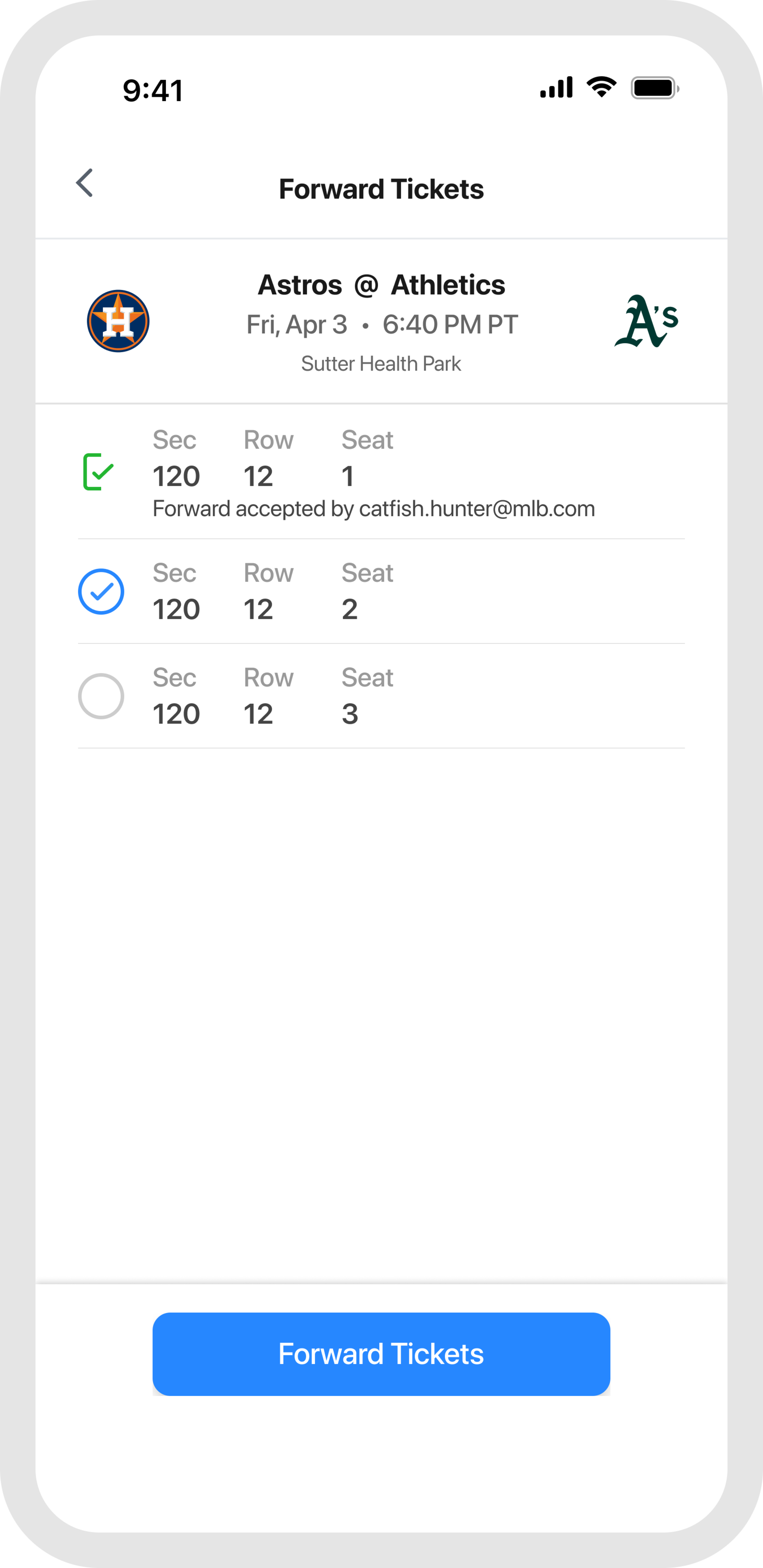 MLB Ballpark app - Forwarding Tickets - Select