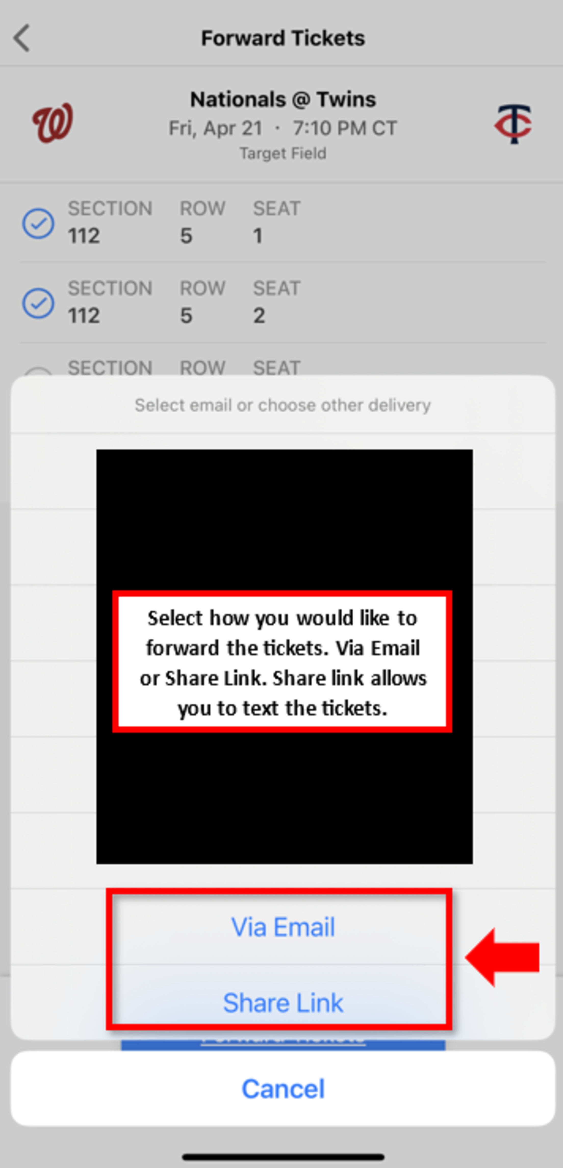 Select how you would like to forward the tickets. Via Email or Share Link. Share link allows you to text the tickets.