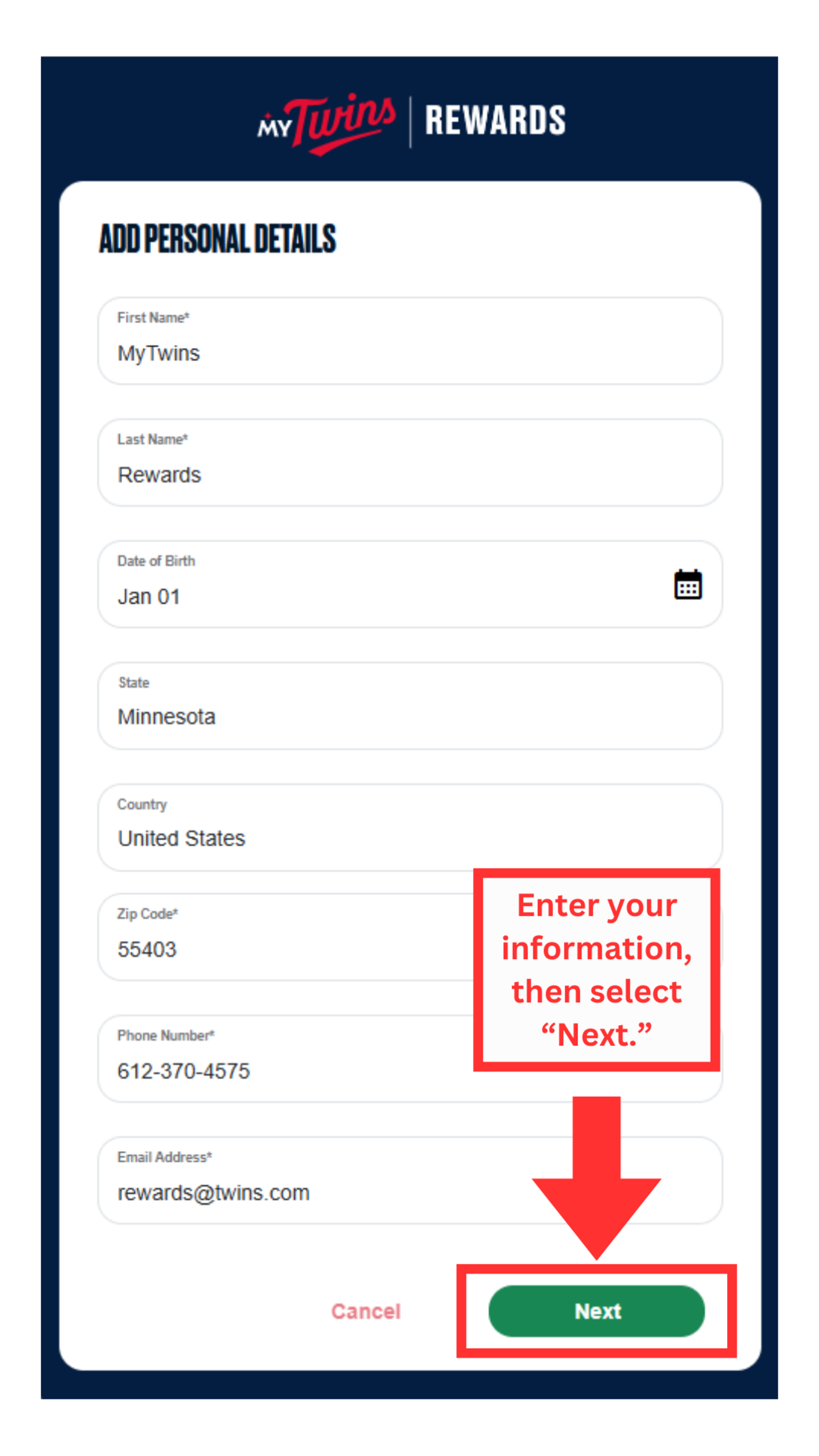 Enter your information, then select "Next."