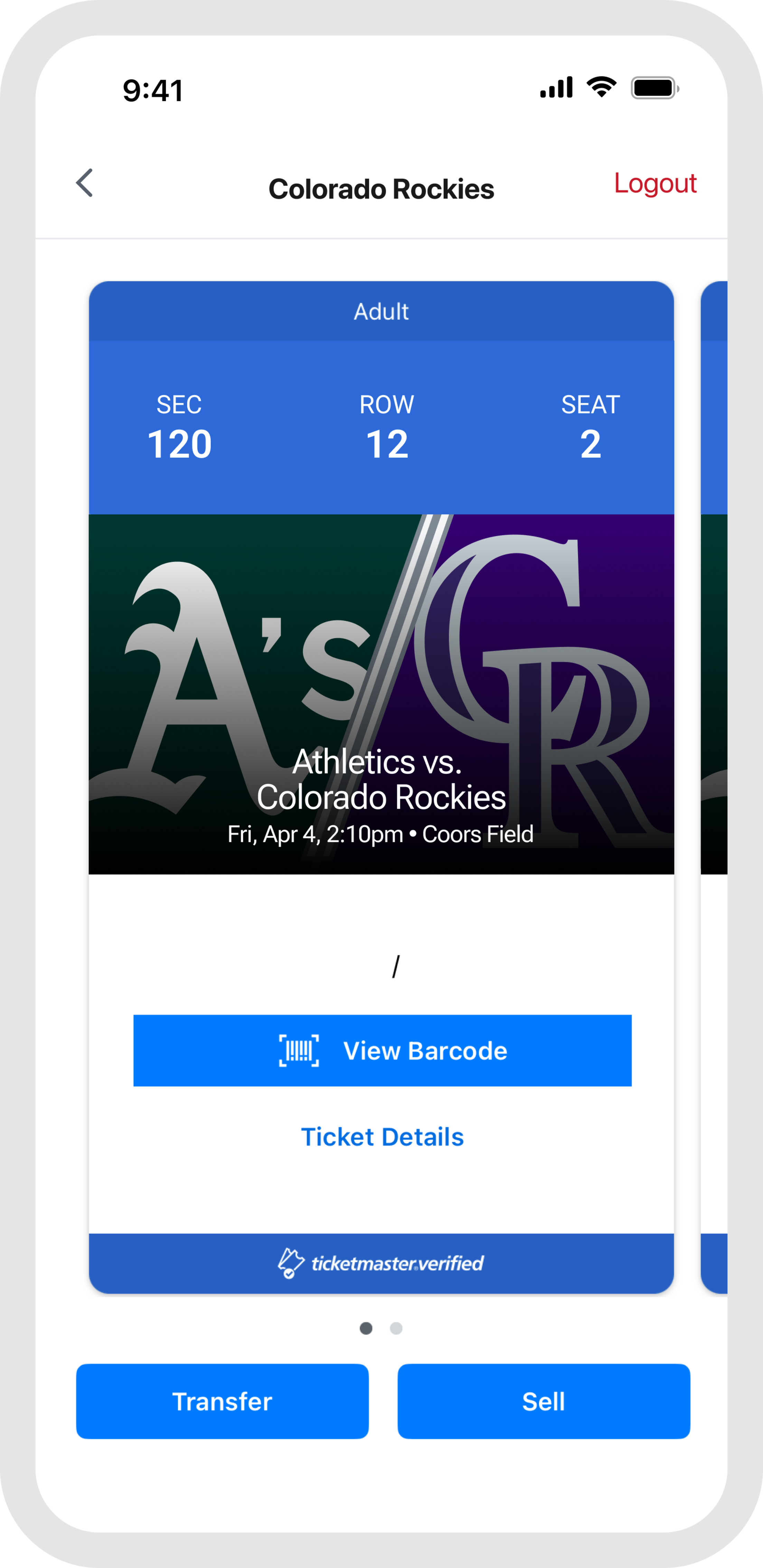 MLB Ballpark app ticket selection screen for forwarding tickets.