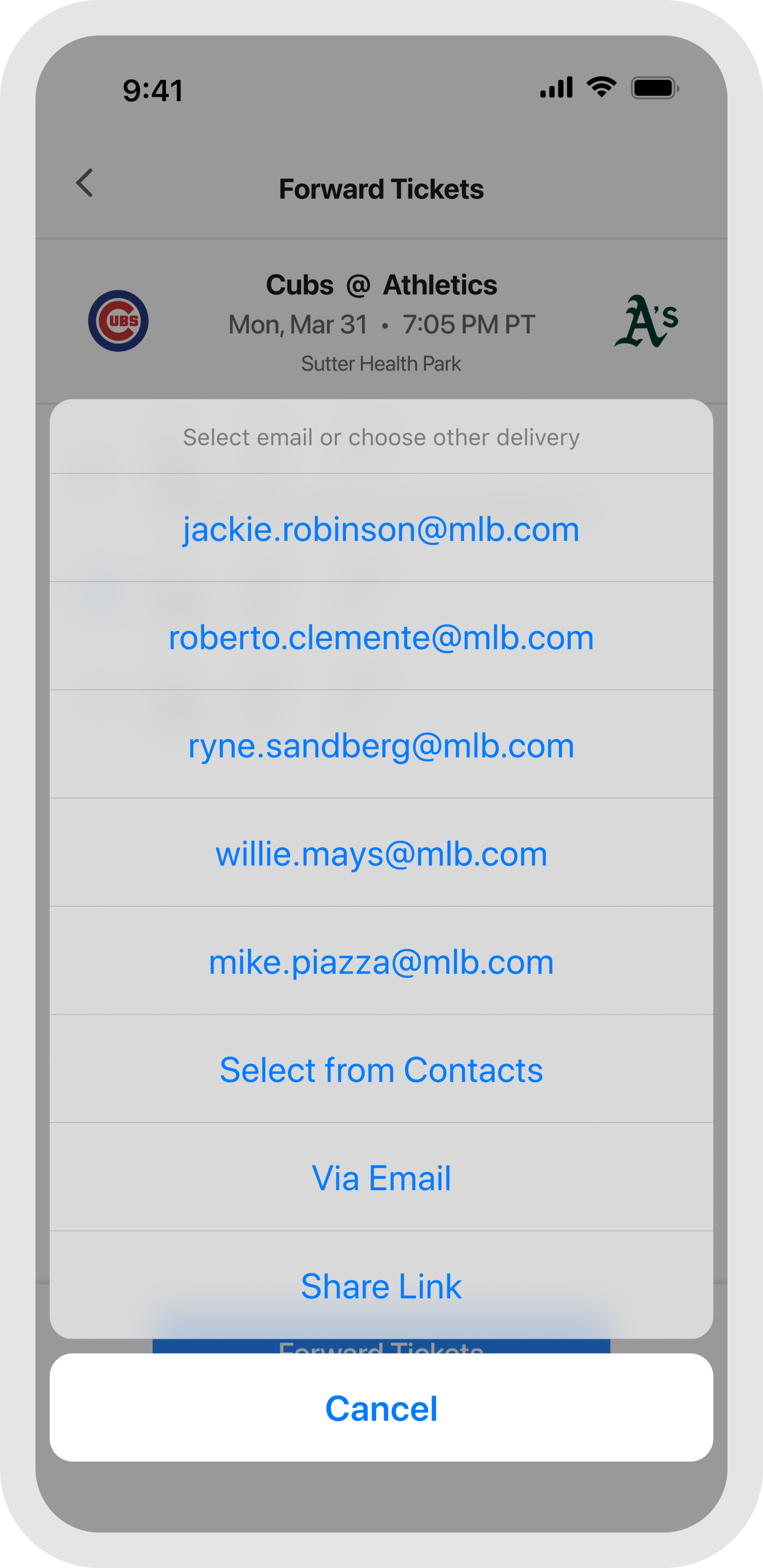MLB Ballpark app - Forwarding Tickets - Send