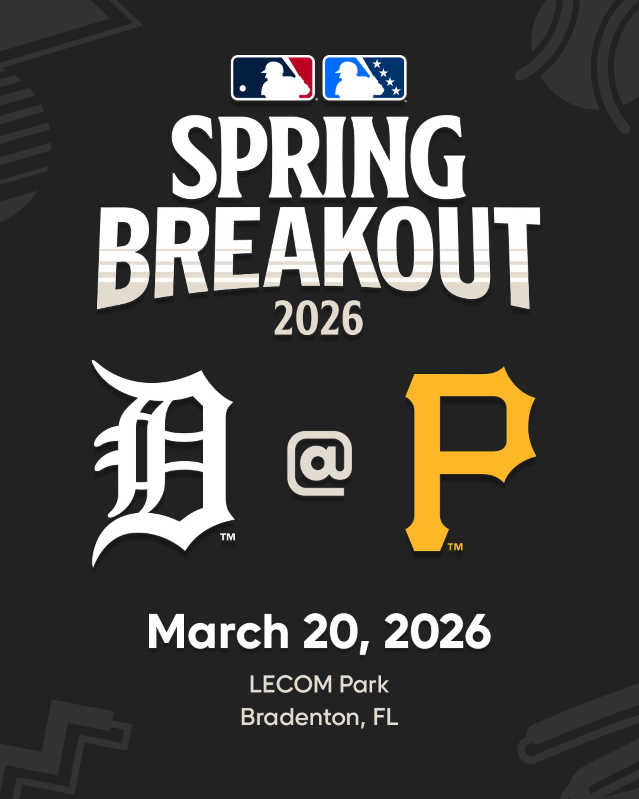 2026 MLB Spring Breakout game - Detroit Tigers Prospects vs. Pittsburgh Pirates Prospects. March 20, 2026 at LECOM Park in Bradenton, Florida.