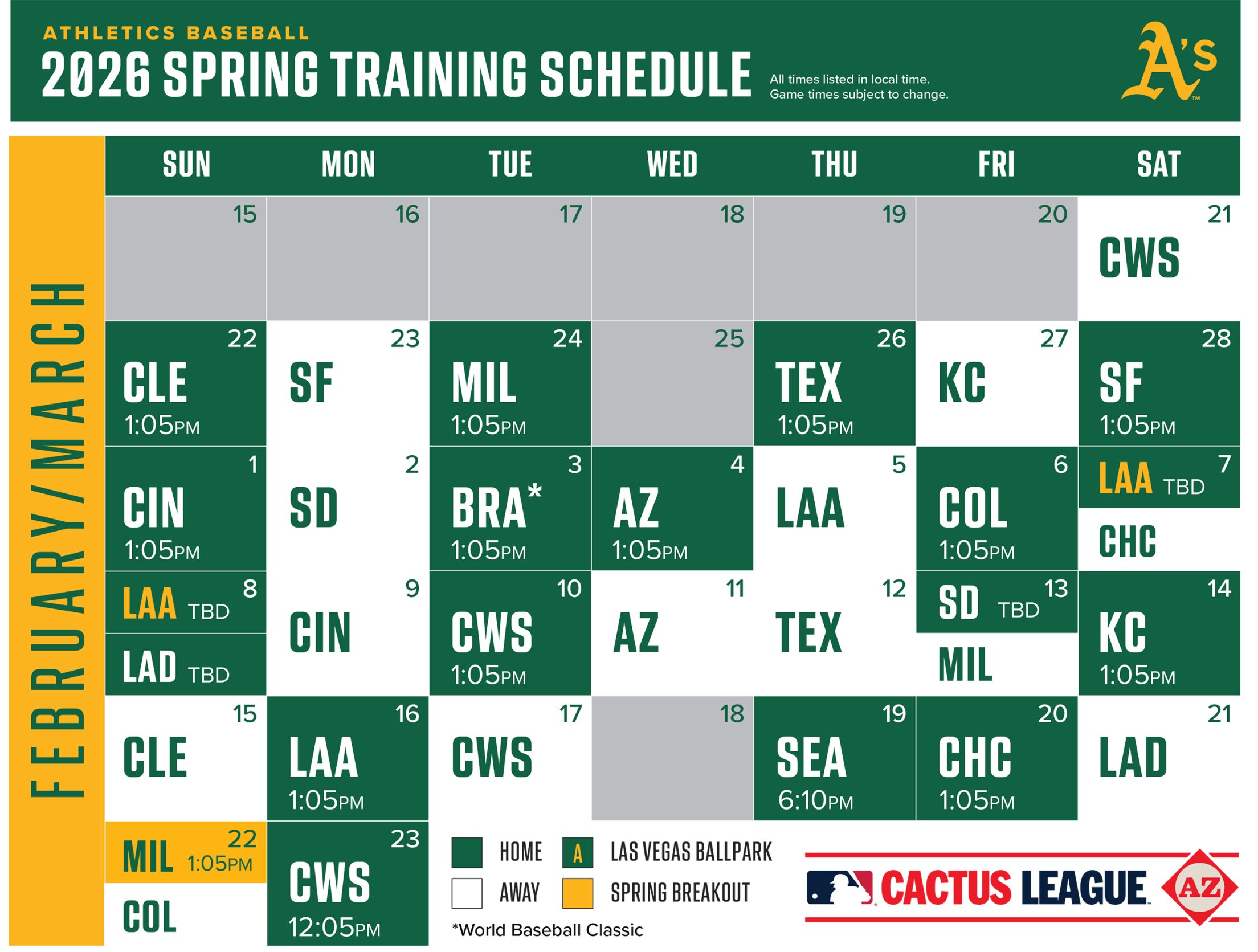 A's 2026 Spring Training Schedule