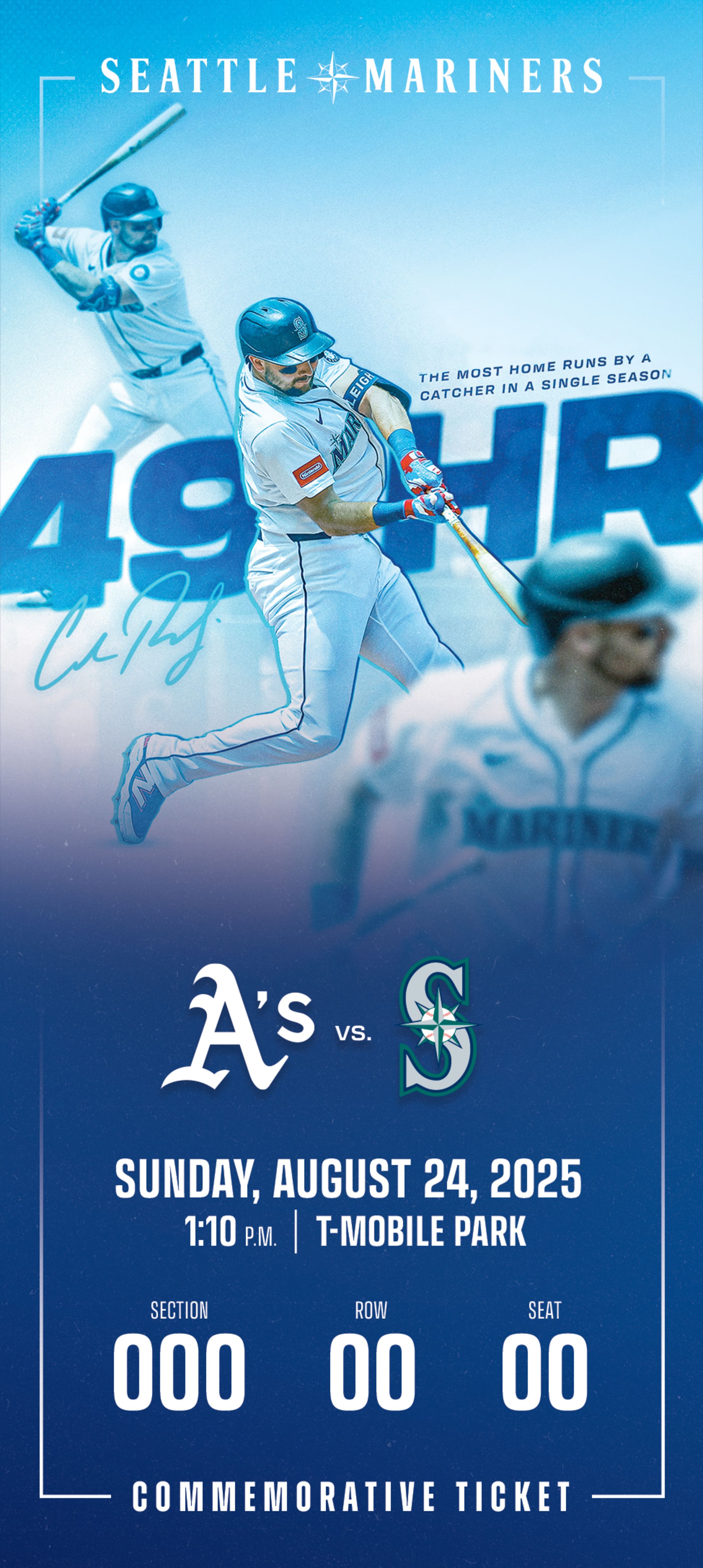 Cal Raleigh Most Home Runs by a Catcher in a Single Season Commemorative Ticket.