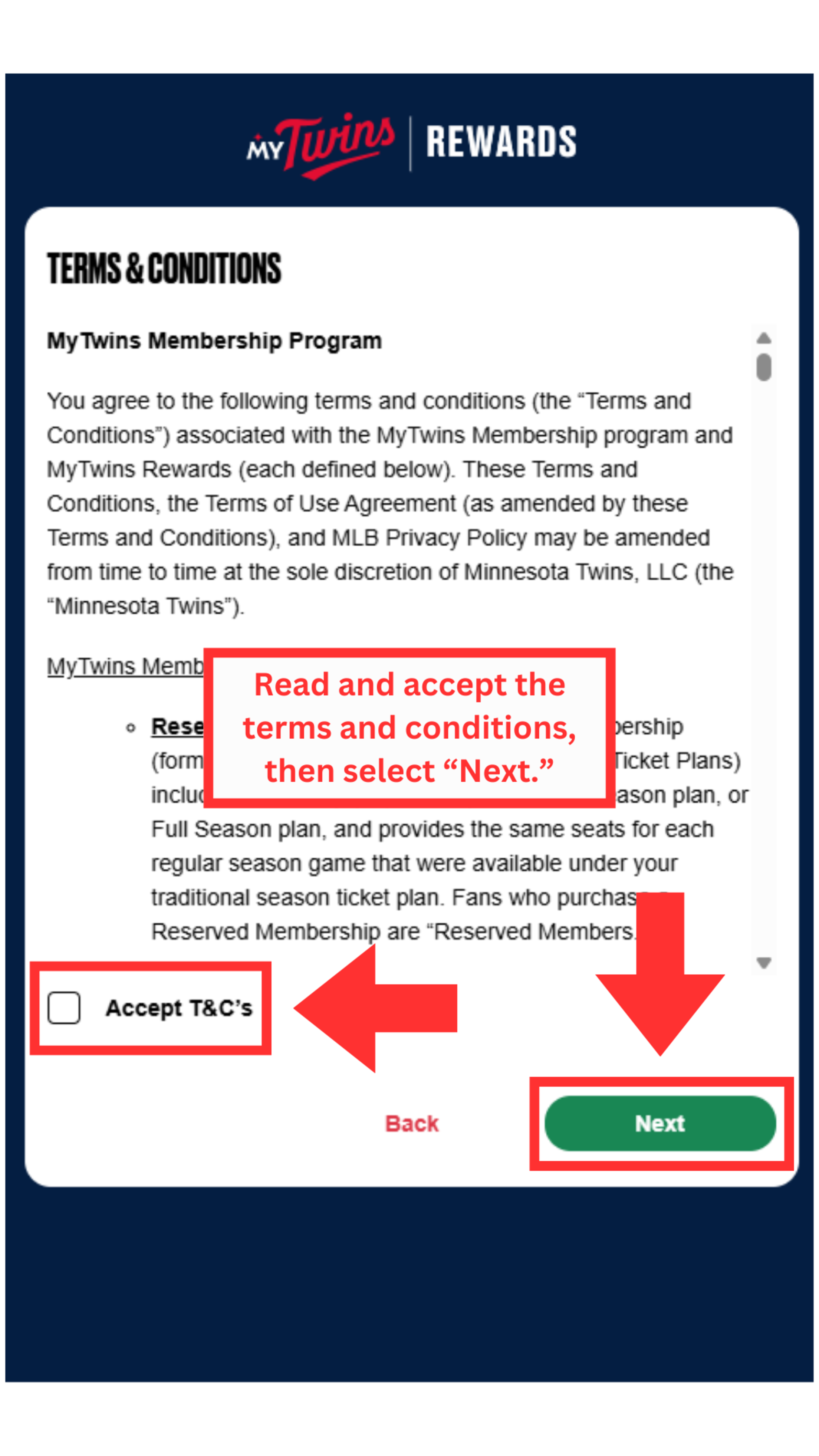 Read and accept the terms and conditions, then select "Next,"