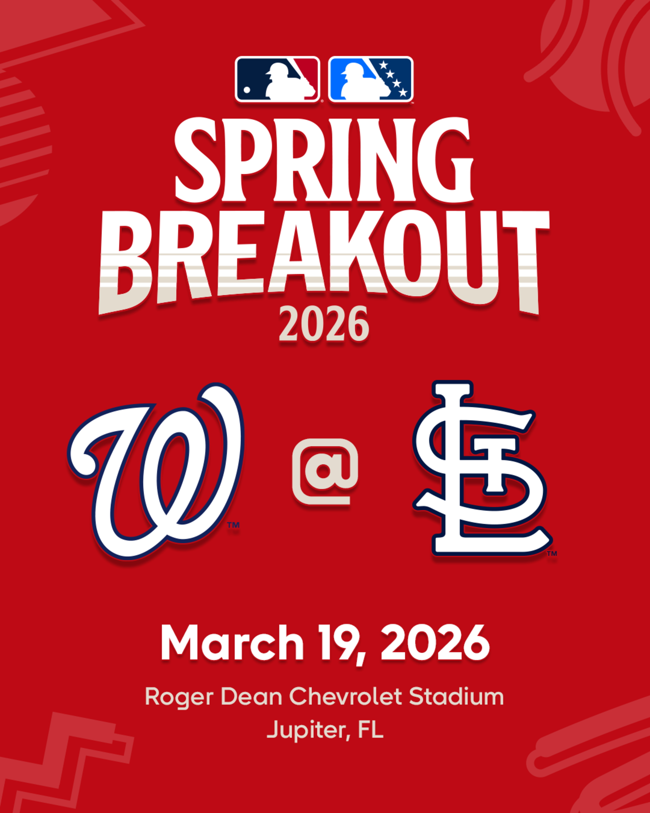 2026 MLB Spring Breakout game - Washington Nationals Prospects vs. St. Louis Cardinals Prospects. March 19, 2026 at Roger Dean Chevrolet Stadium in Jupiter, Florida.