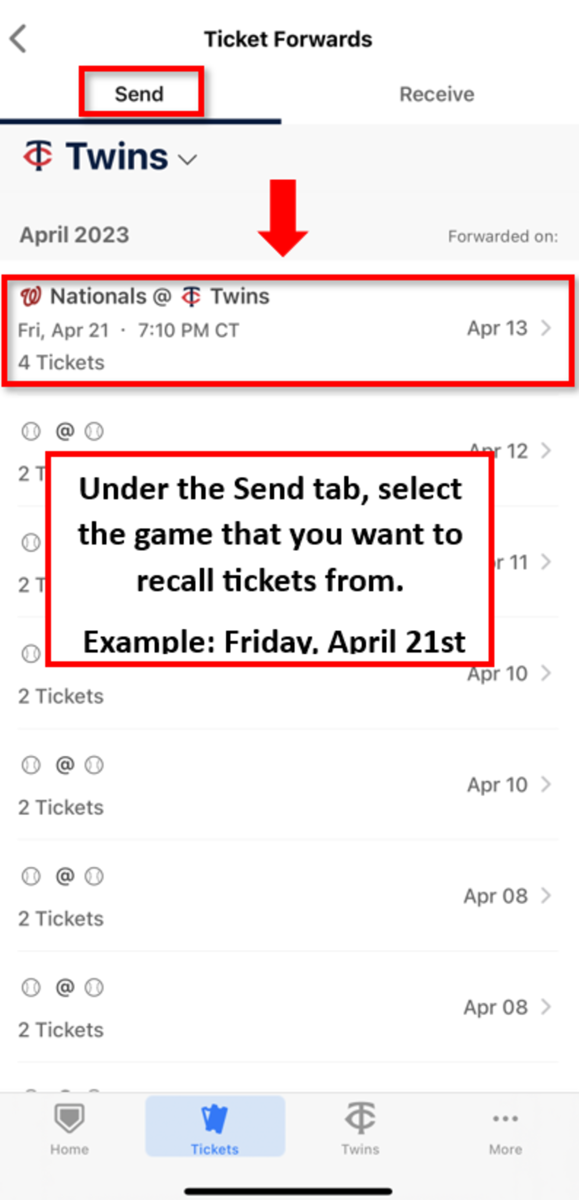 Under the Send tab, select the game that you want to recall tickets from.