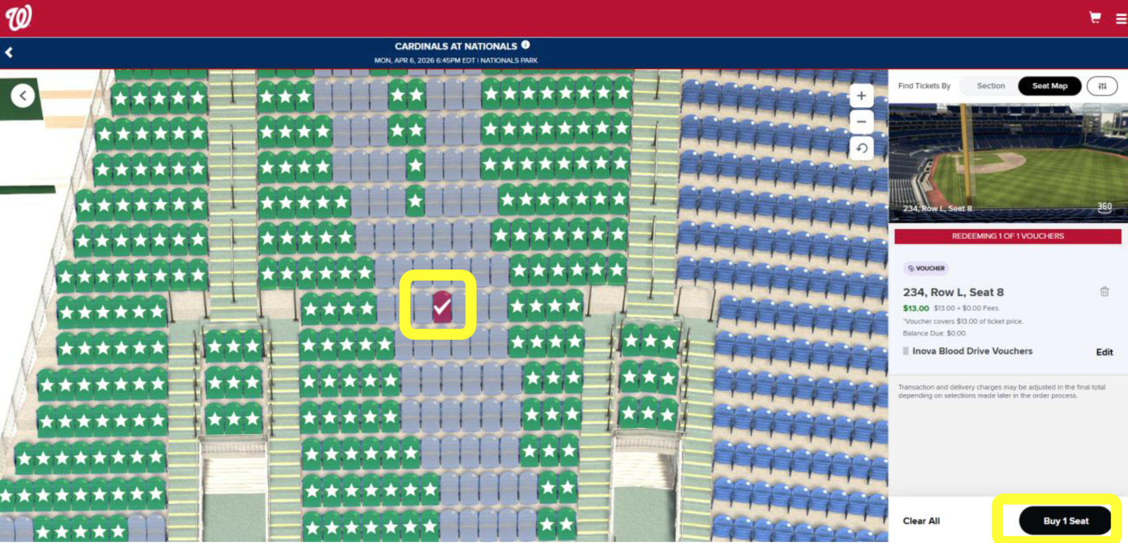 Step 9: Select your seat(s), which will be highlighted in red. Click either "Buy 1 Seat" or "Buy 2 Seats"