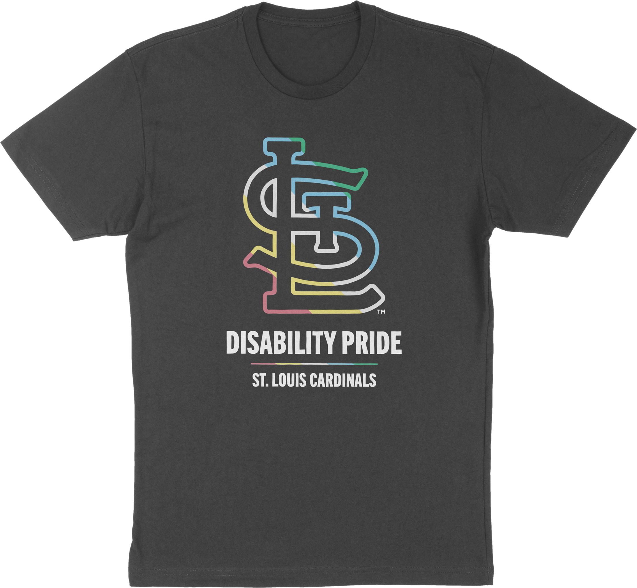 exclusive Cardinals t-shirt featuring the disability pride flag