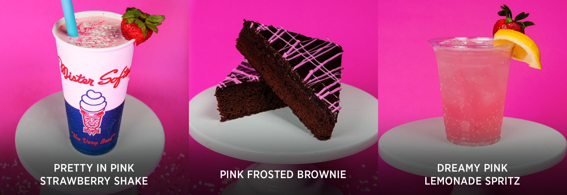 Barbie Game Day Concessions: Pretty in Pink Strawberry Shake, Pink Frosted Brownie, Dreamy Pink Lemonade Spritz