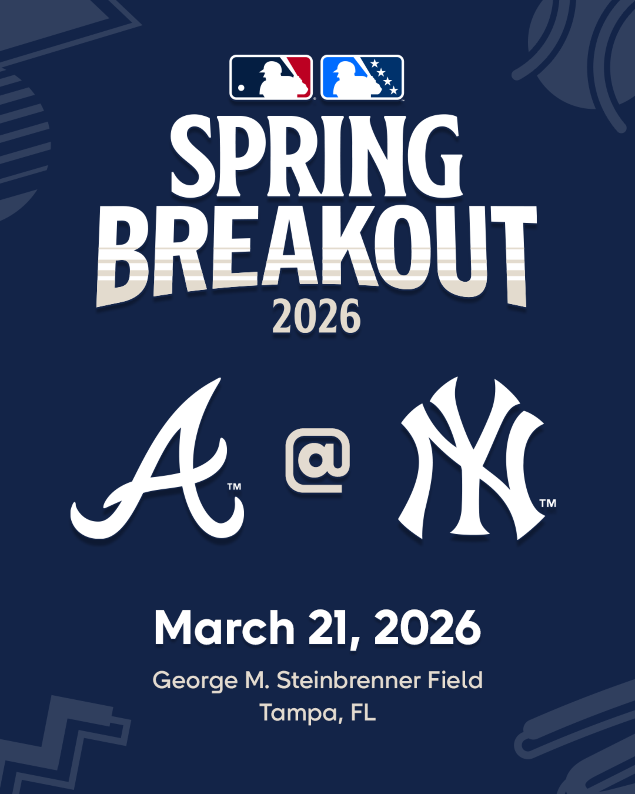 2026 MLB Spring Breakout game - Atlanta Braves Prospects vs. New York Yankees Prospects. March 21, 2026 at George M. Steinbrenner Field in Tampa, Florida.