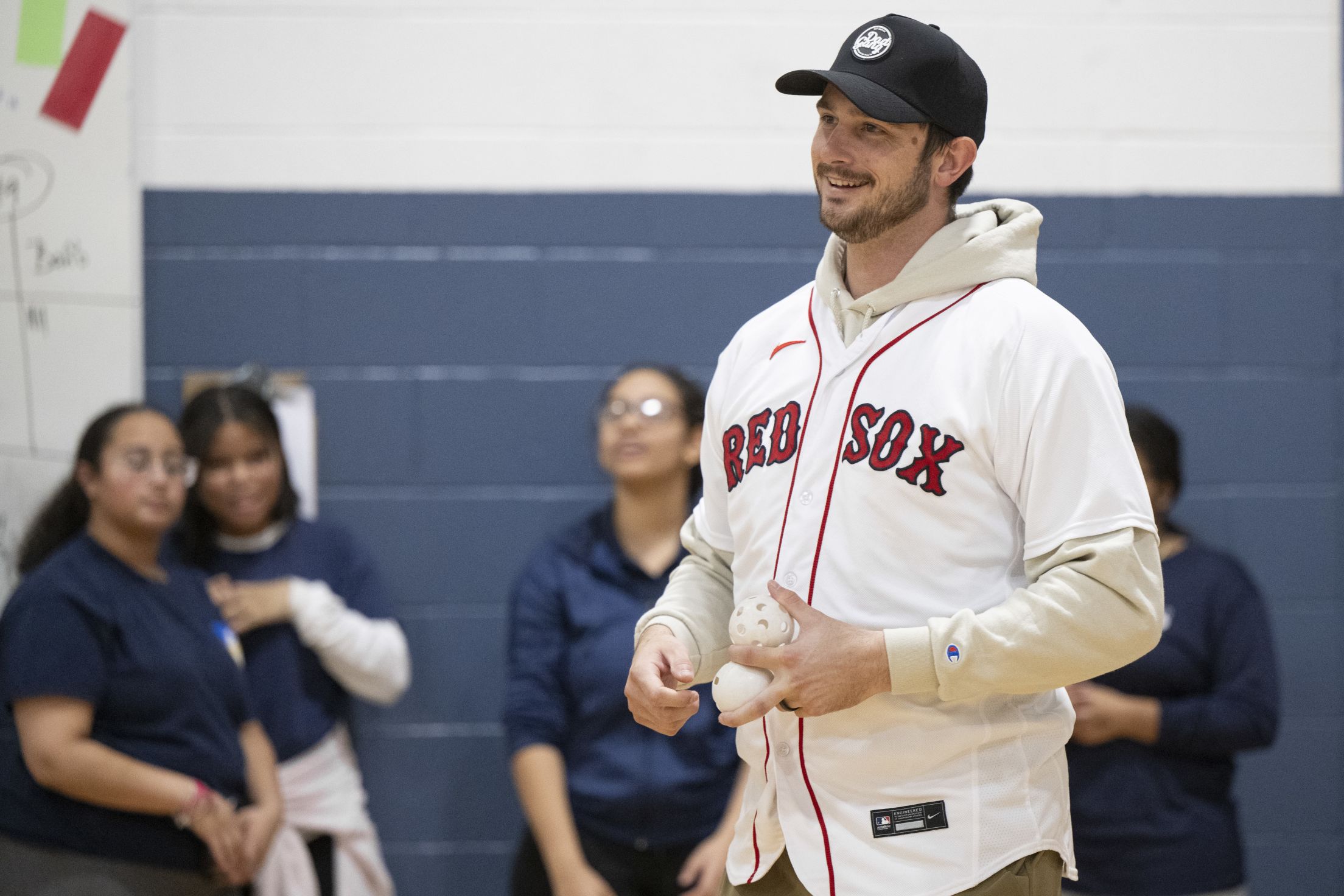 Garrett Whitlock speaks to students at Lawrence Public Schools.