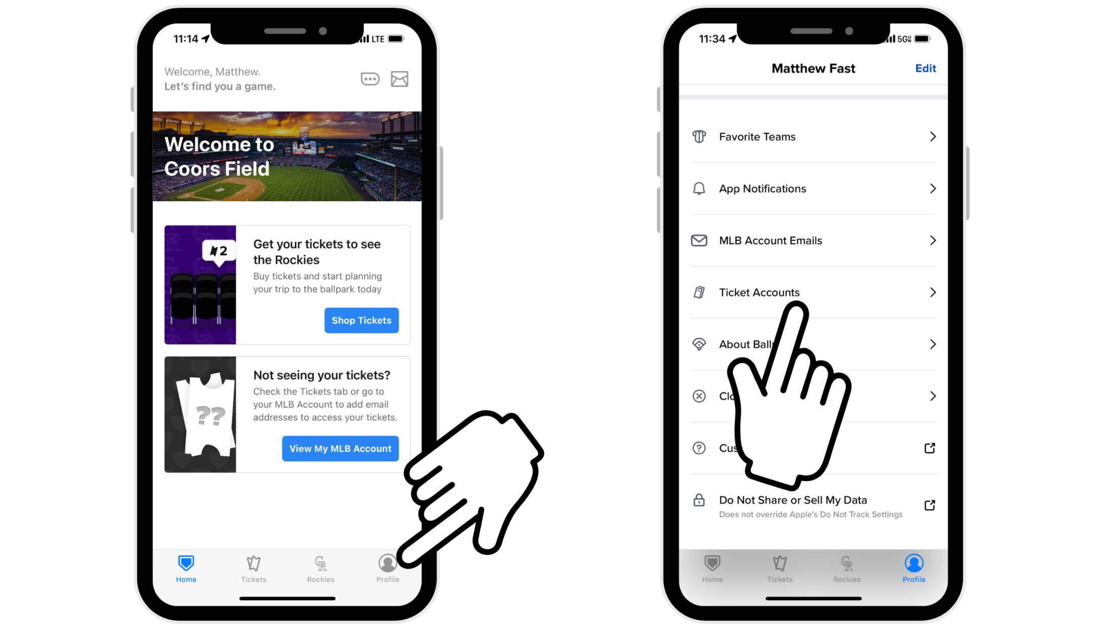 Screenshots with hand icons indicating where to find account numbers in the MLB Ballpark app