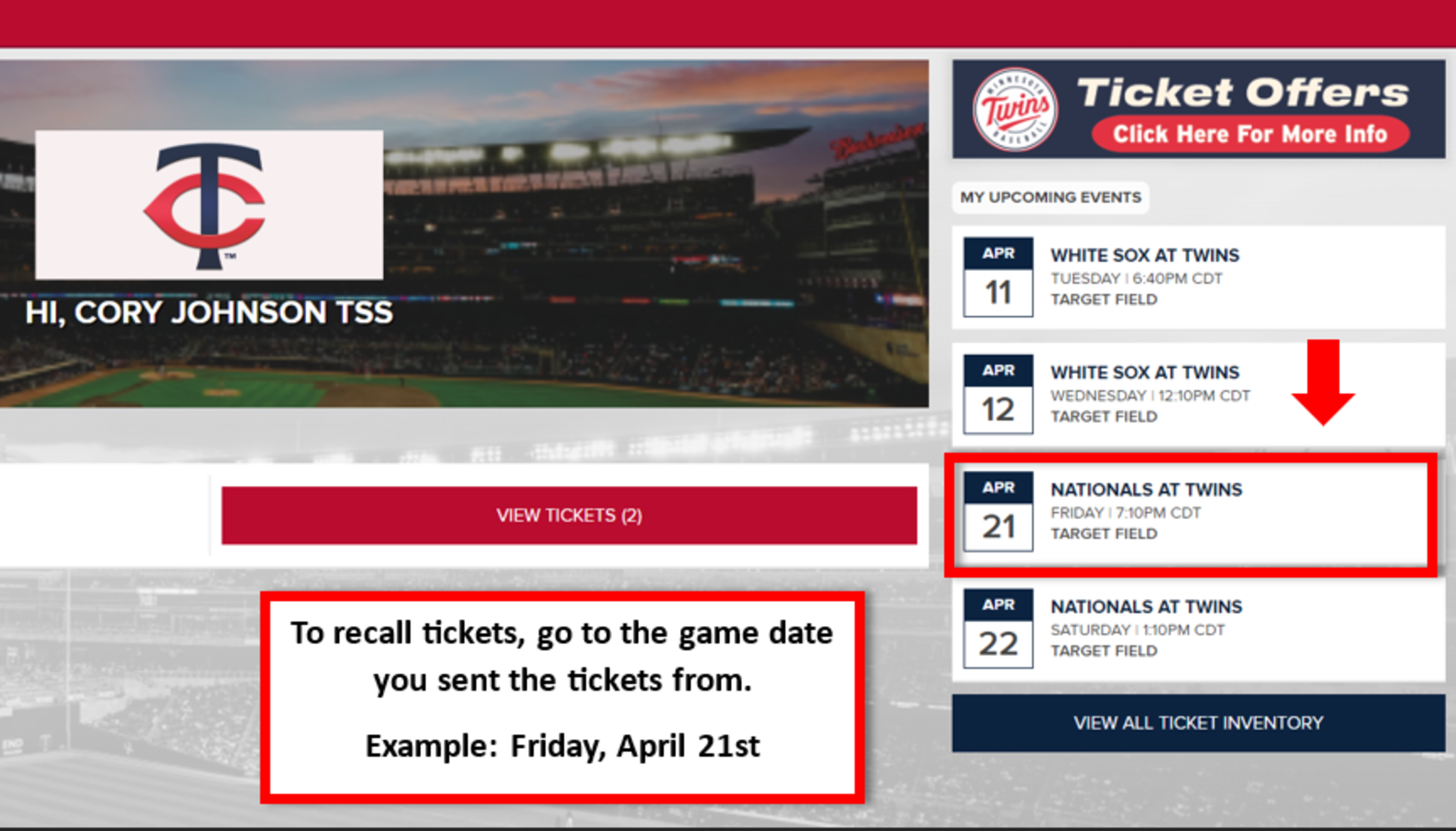 To recall tickets, go to the game date you sent the tickets from