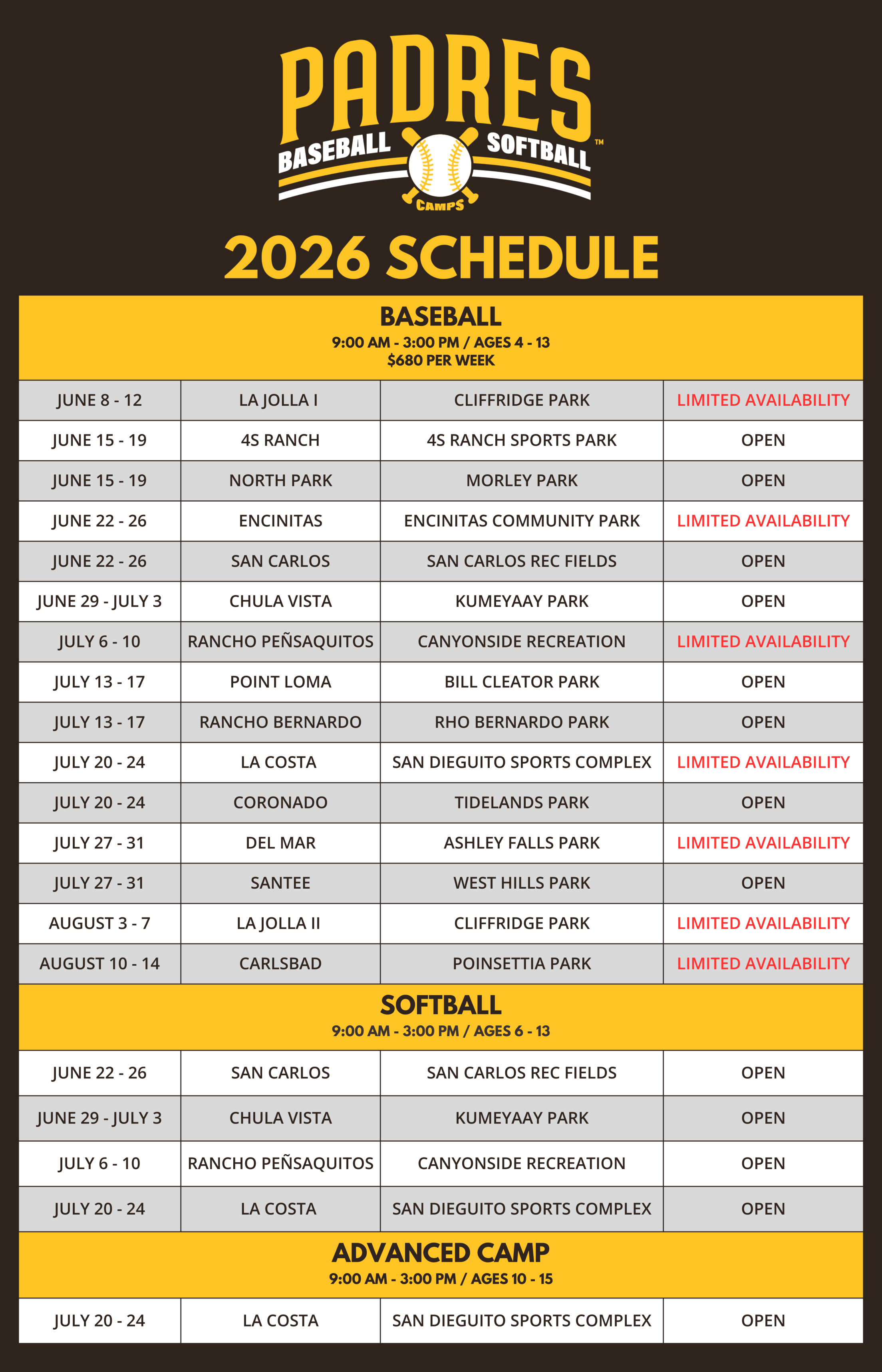 2026 Padres Camp Schedule