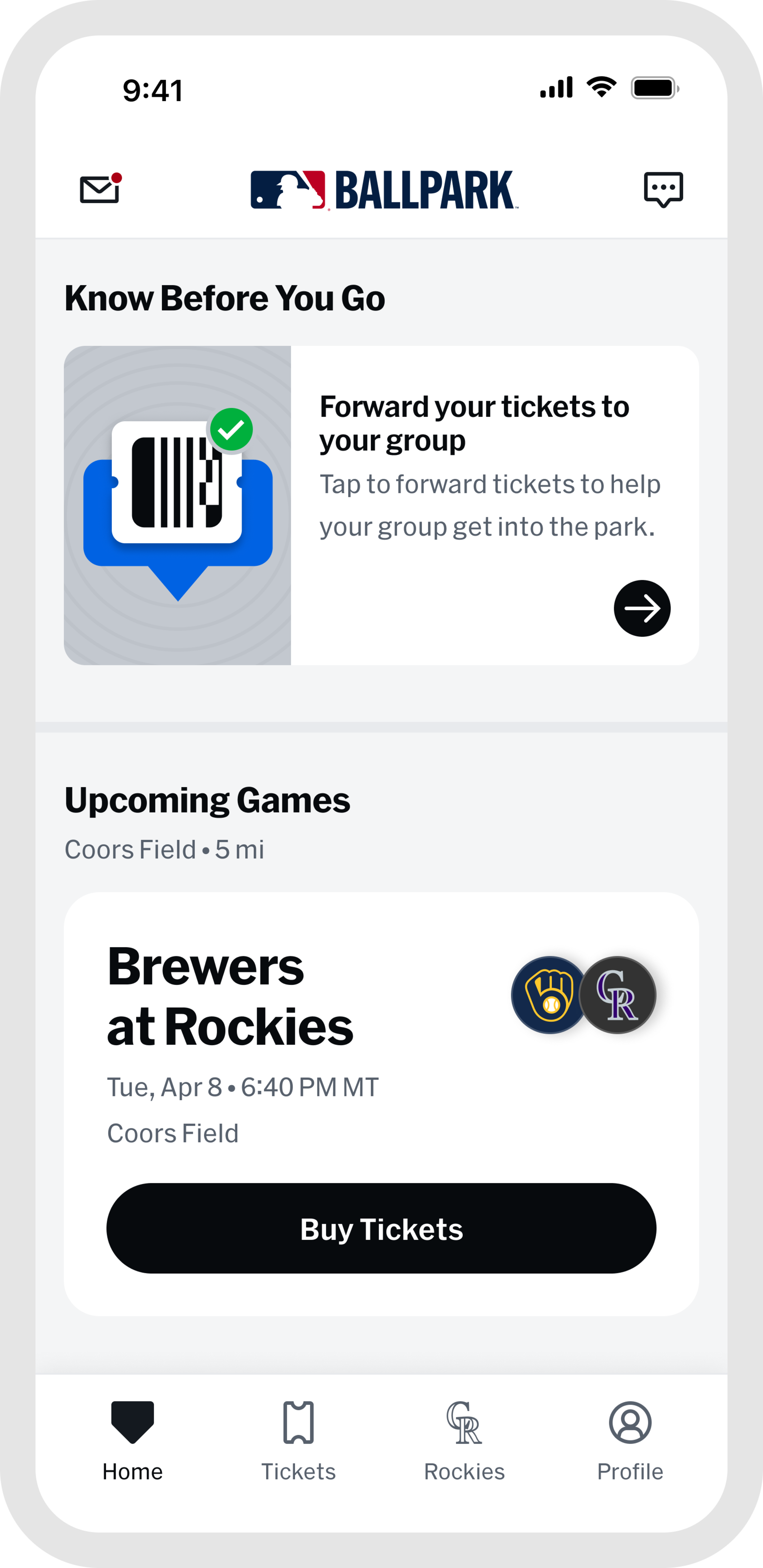 MLB Ballpark app Buy Tickets screen for upcoming games.