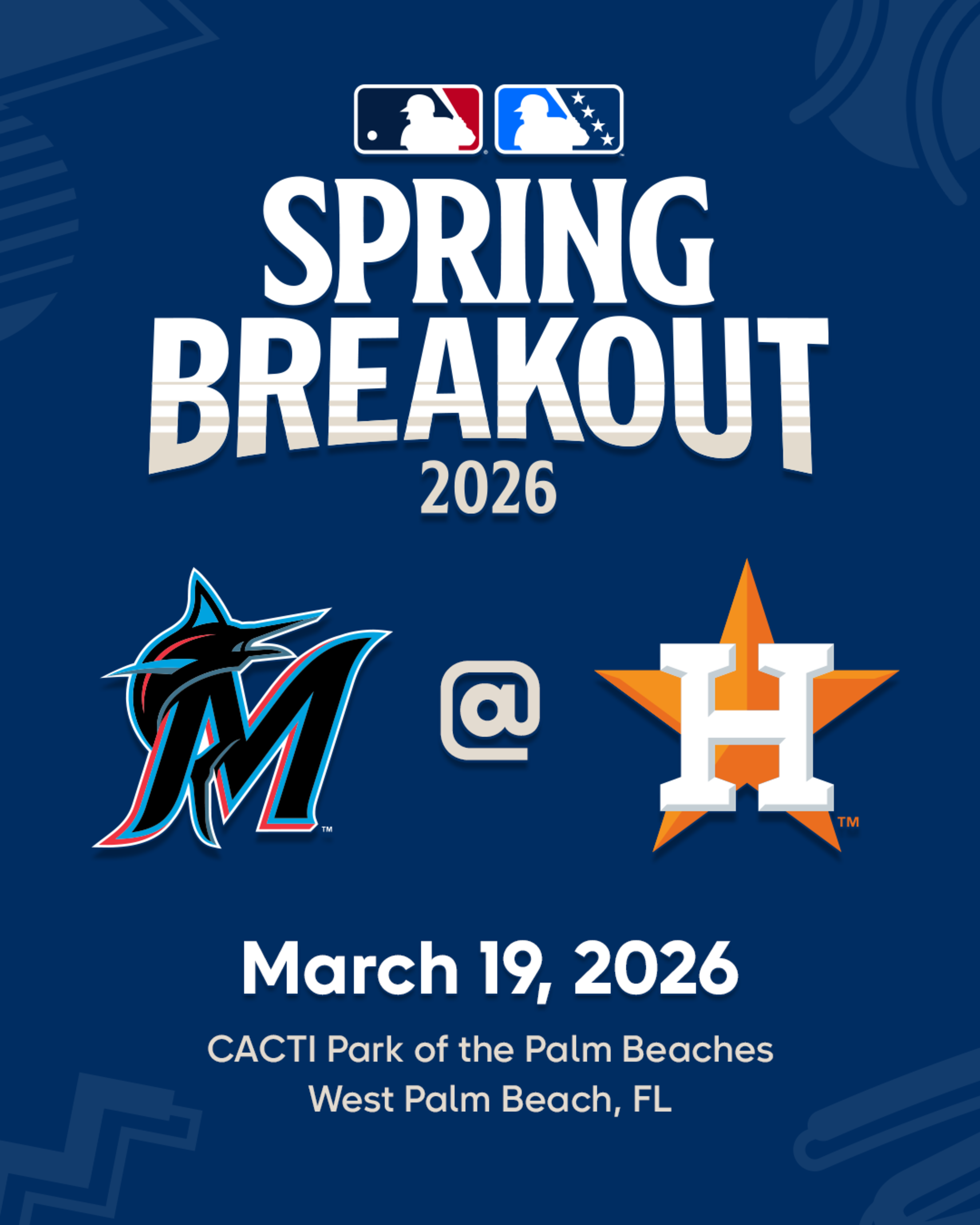 2026 MLB Spring Breakout game - Miami Marlins Prospects vs. Houston Astros Prospects. March 19, 2026 at CACTI Park of the Palm Beaches in West Palm Beach, Florida.