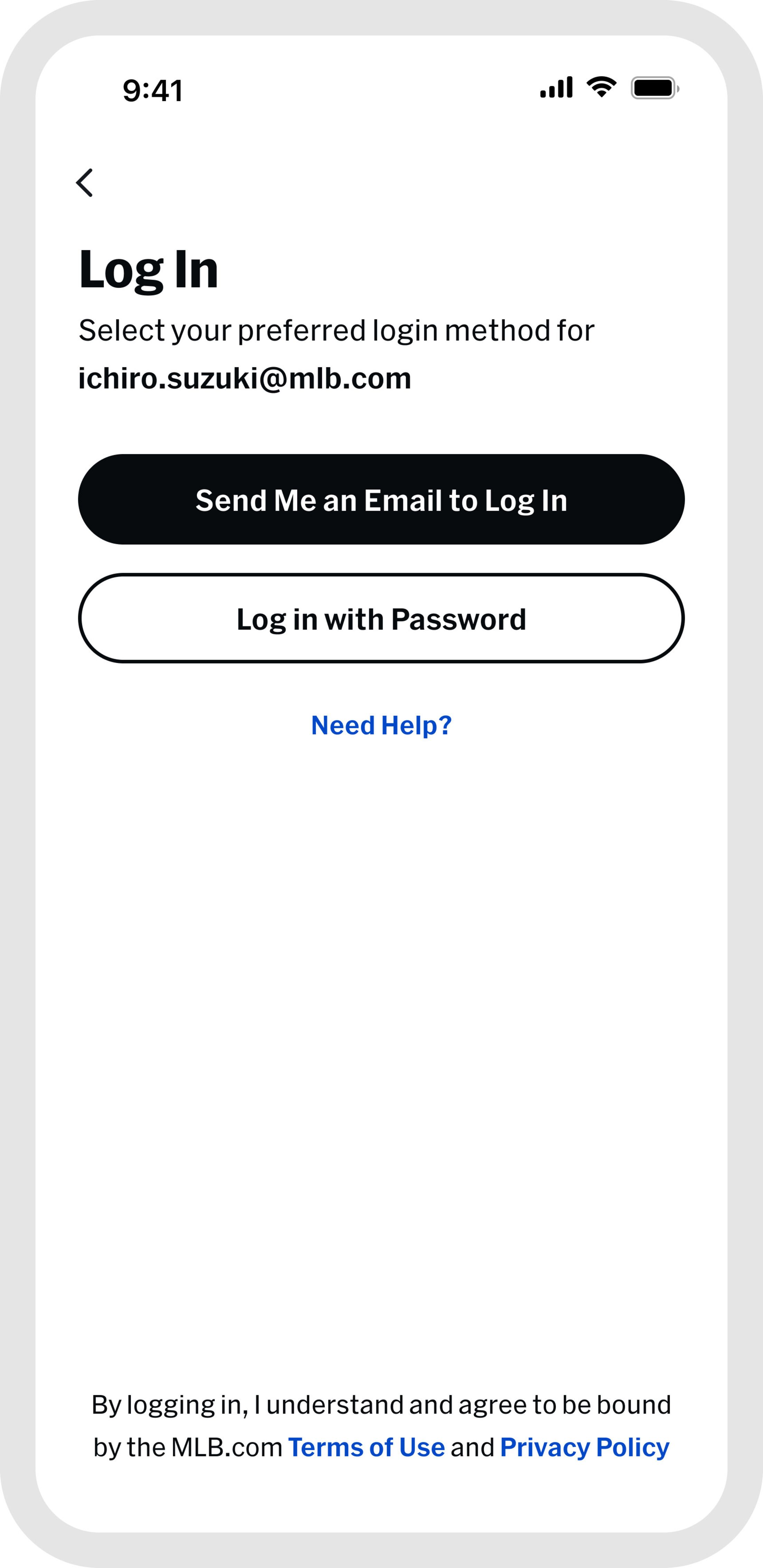 Image of Ballpark app log in screen