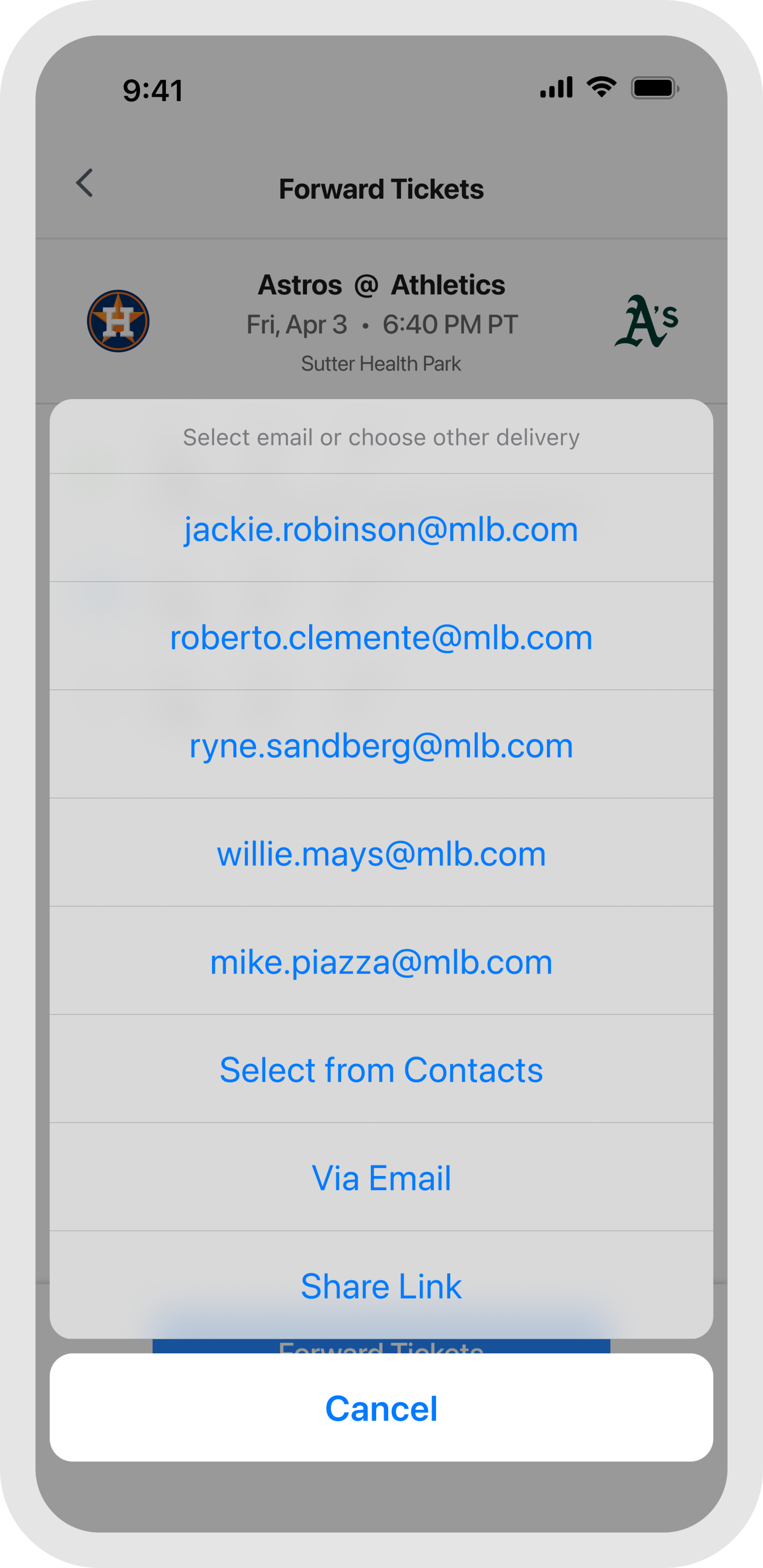 MLB Ballpark app - Forwarding Tickets - Send