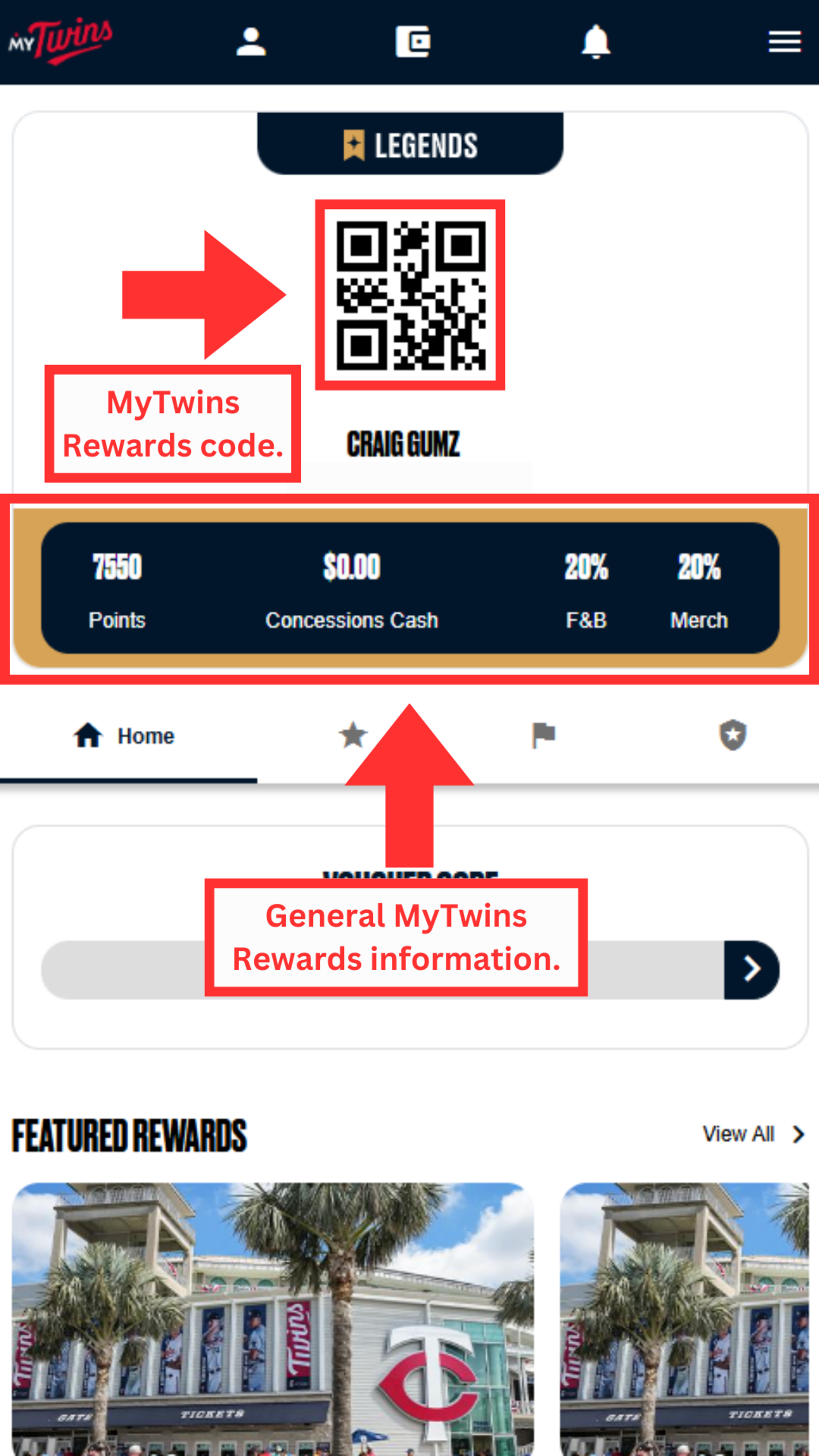 You will see your MyTwins Rewards code. Below it is general MyTwins Rewards information.