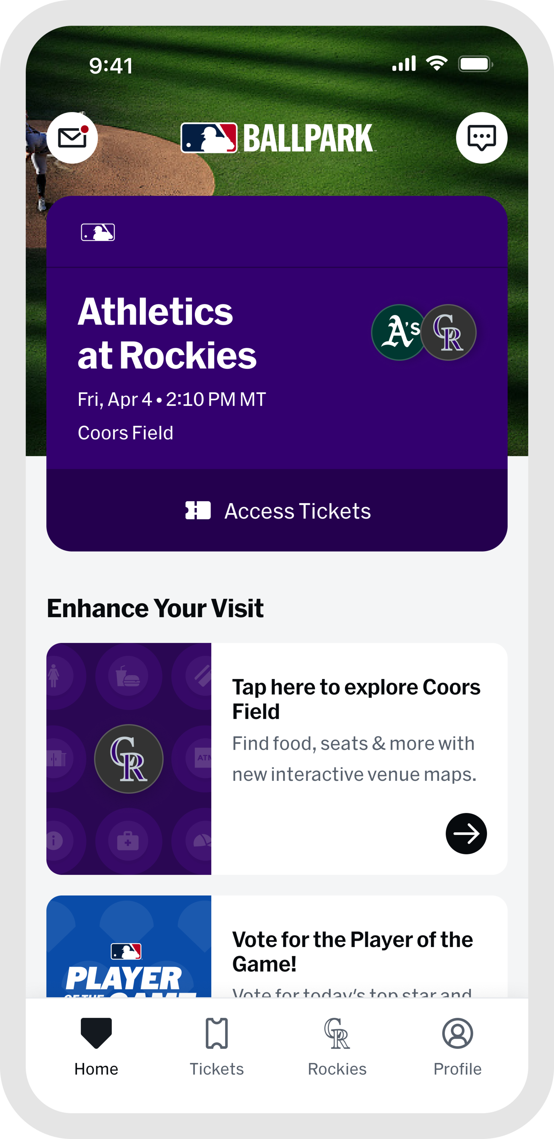 MLB Ballpark app Home screen to access exclusive offers at the game.