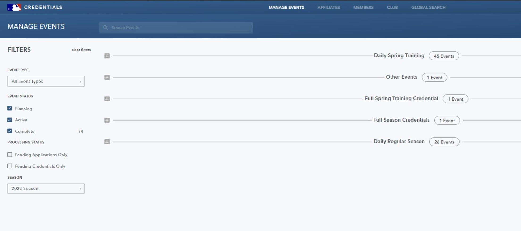 MLB Credentials - Event Selection