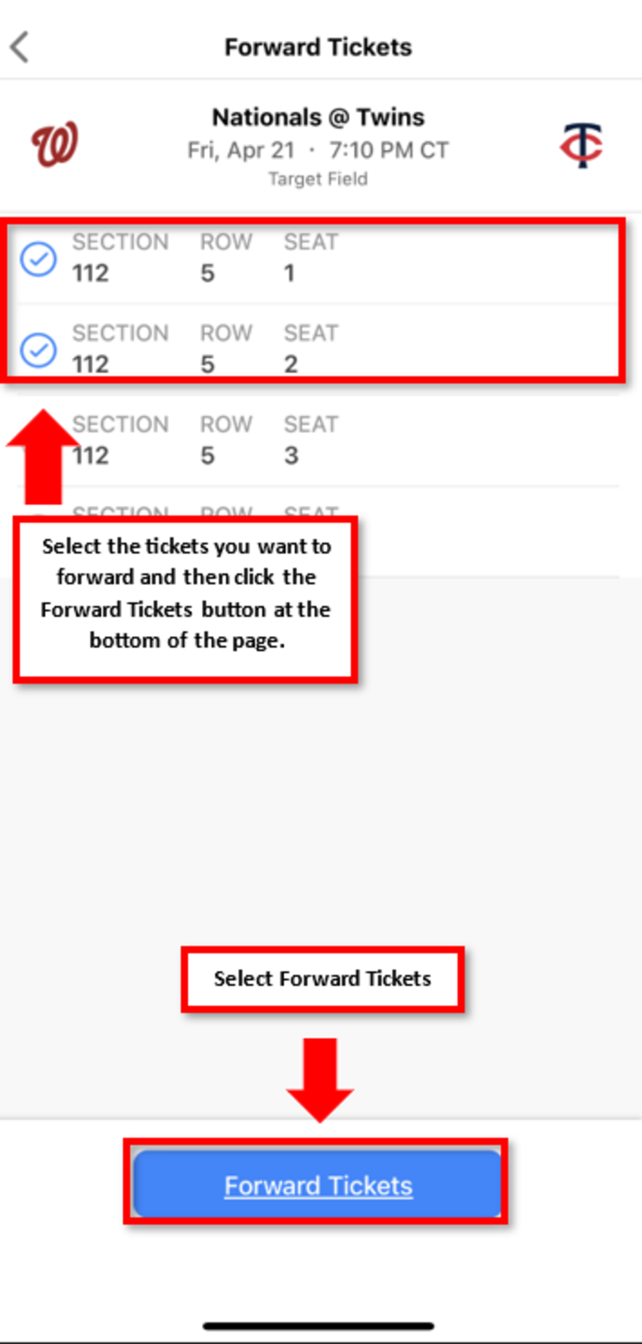 Select the tickets you want to forward and then click the Forward Tickets button at the bottom of the page