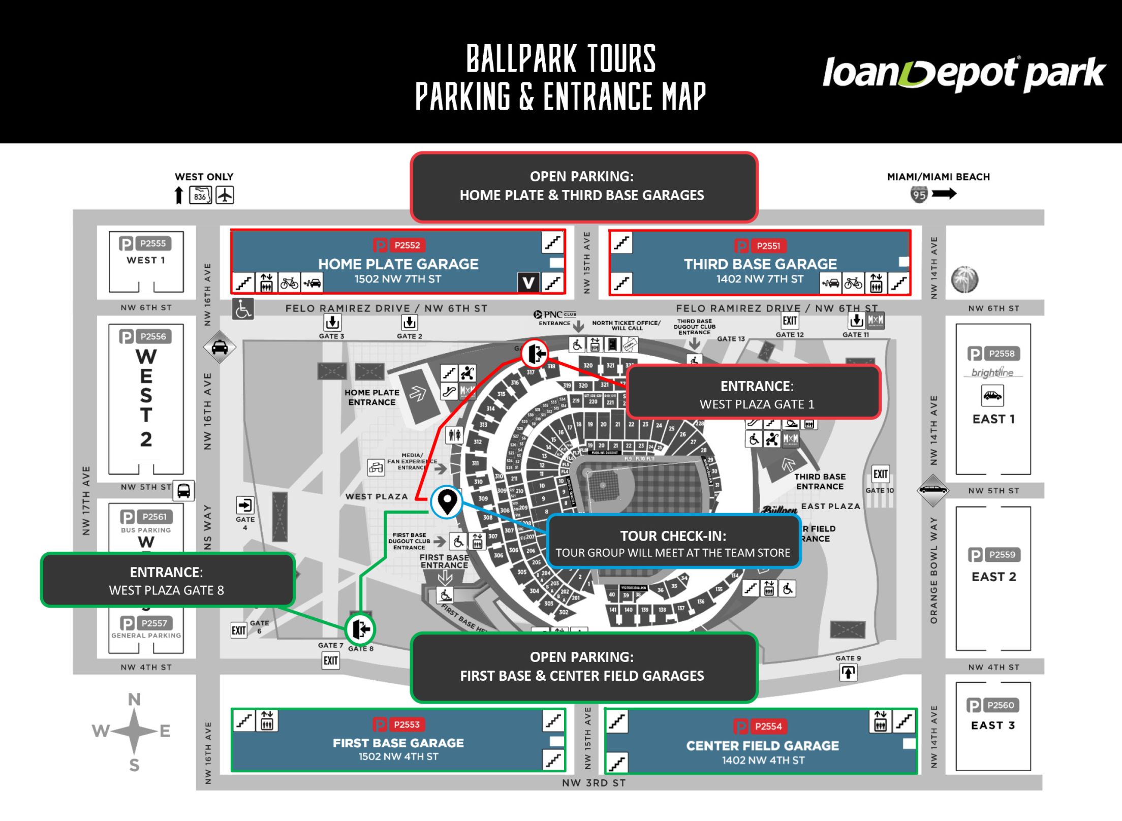Ballpark Tours Parking & Entrance Map