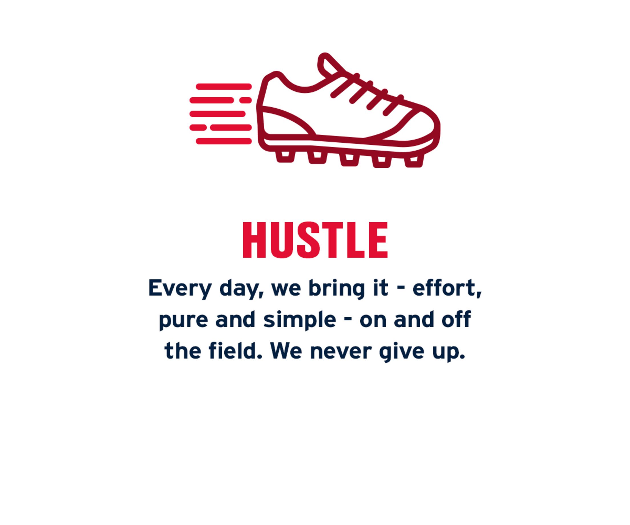 Hustle: Every day, we bring it – effort, pure and simple – on and off the field. We never give up.