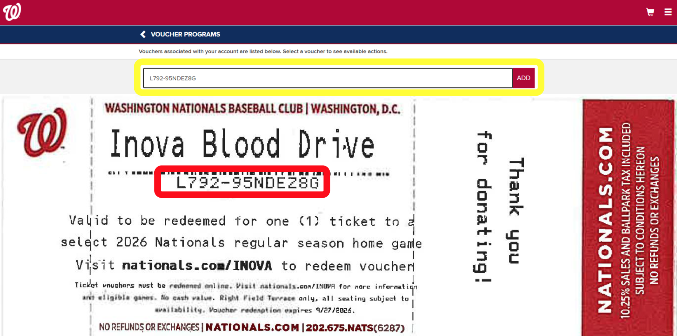 Enter your voucher code (including the hyphen) in the text box then click “ADD.” If you have more voucher codes, repeat this step until all voucher codes have been entered.