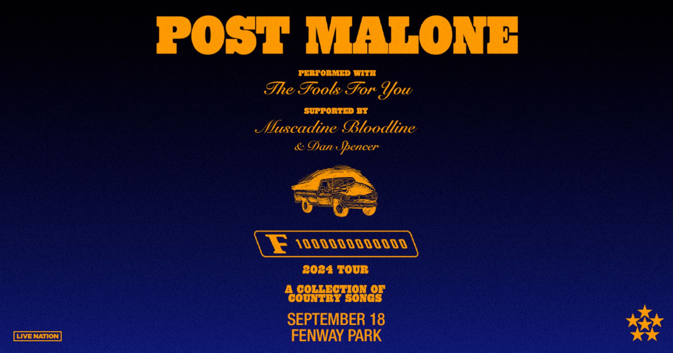 Post Malone. Performed with The Fools For You. Supported by Muscadine Bloodline and Dan Spencer. F-1 Trillion 2024 Tour. A Collection of Country Songs. September 18, 2024 at Fenway Park.