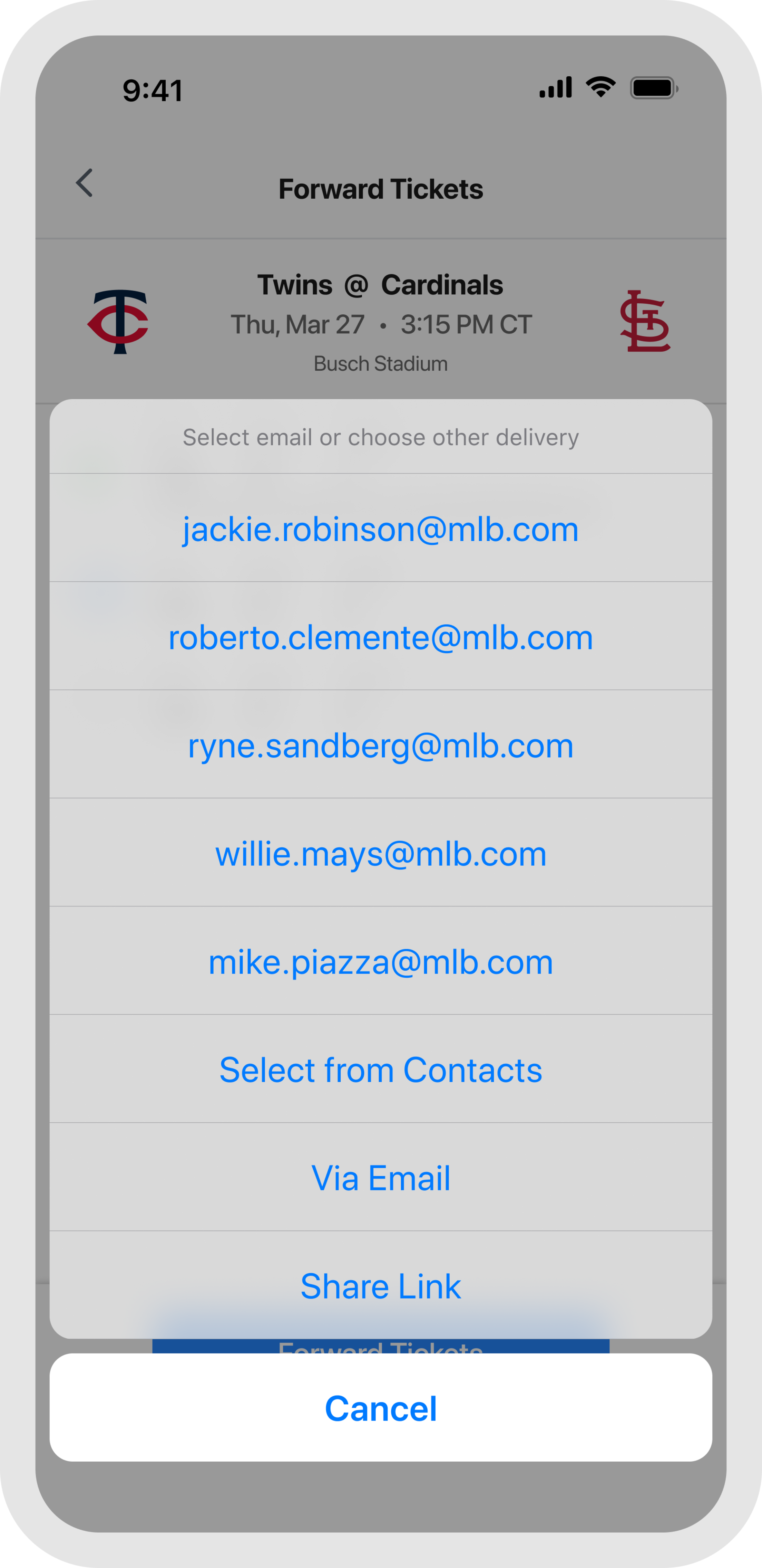 MLB Ballpark app Forwarding Tickets Send
