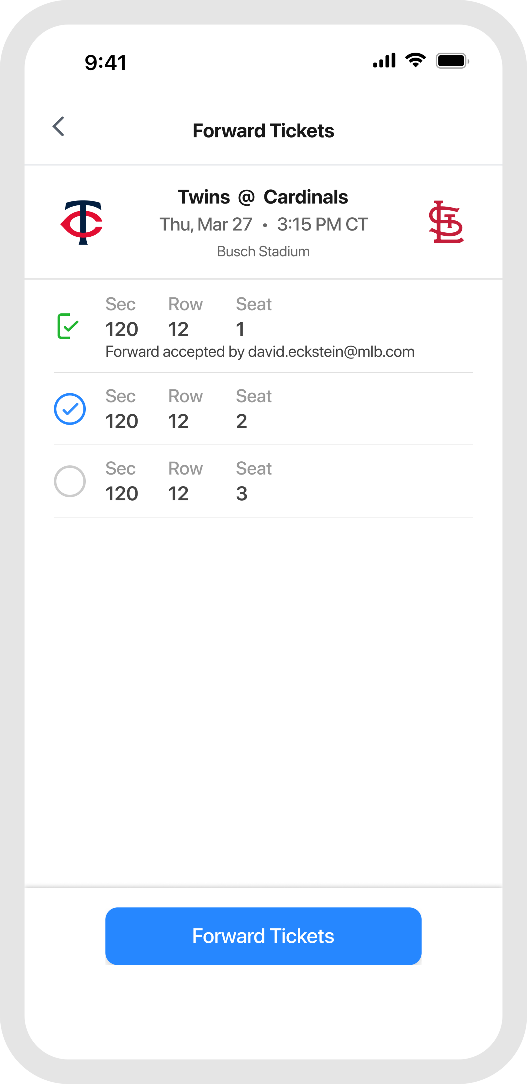 MLB Ballpark app Forwarding Tickets