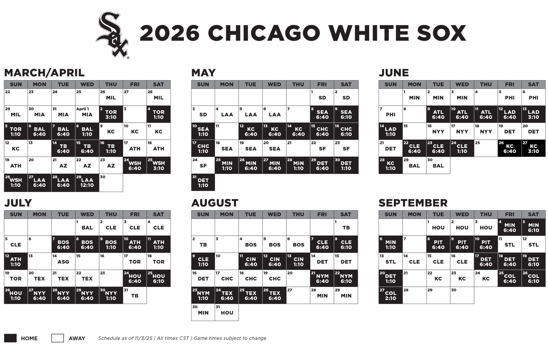 2026 White Sox Printable Schedule