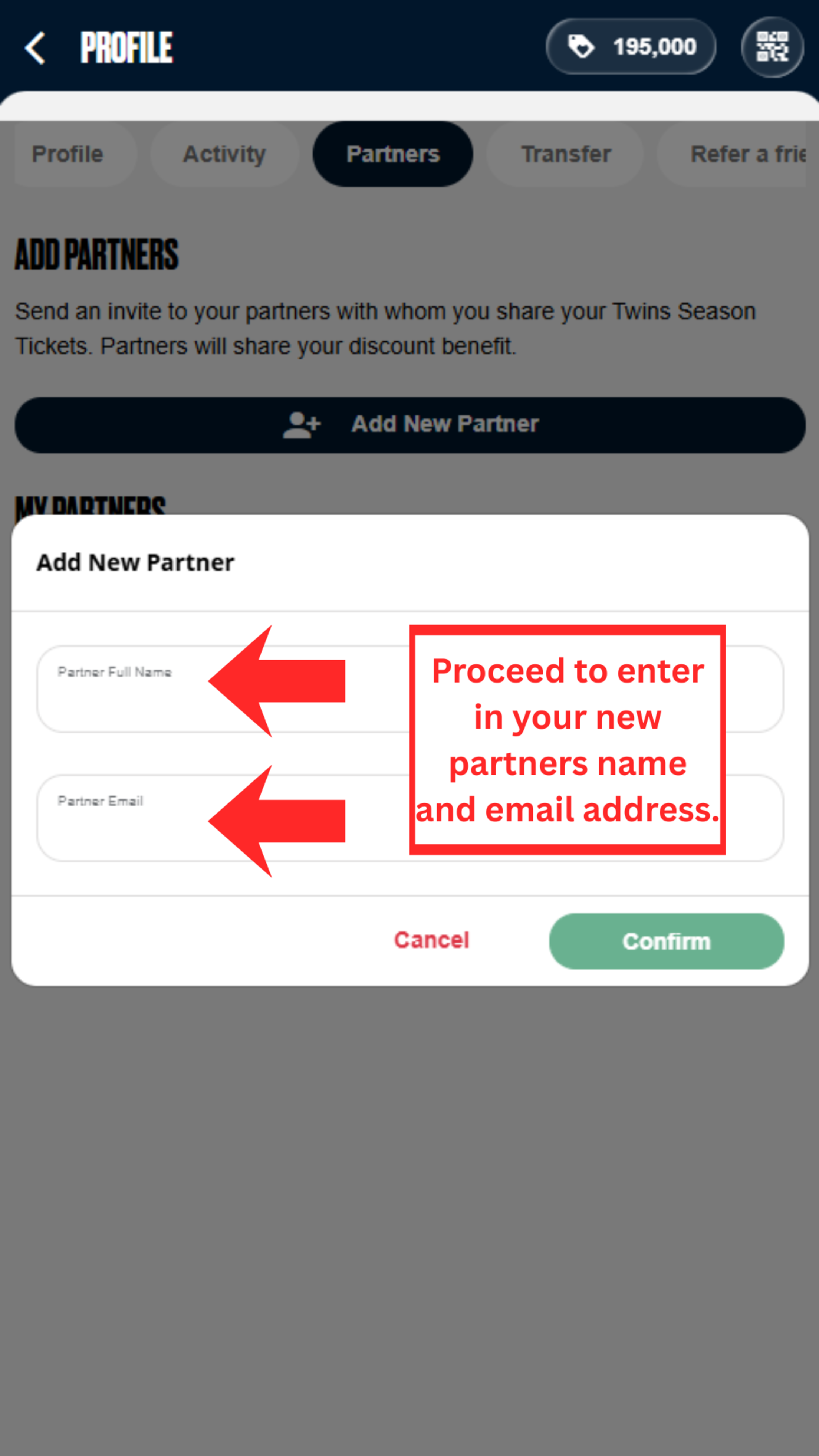 Proceed to enter in your new partner's name and email address.