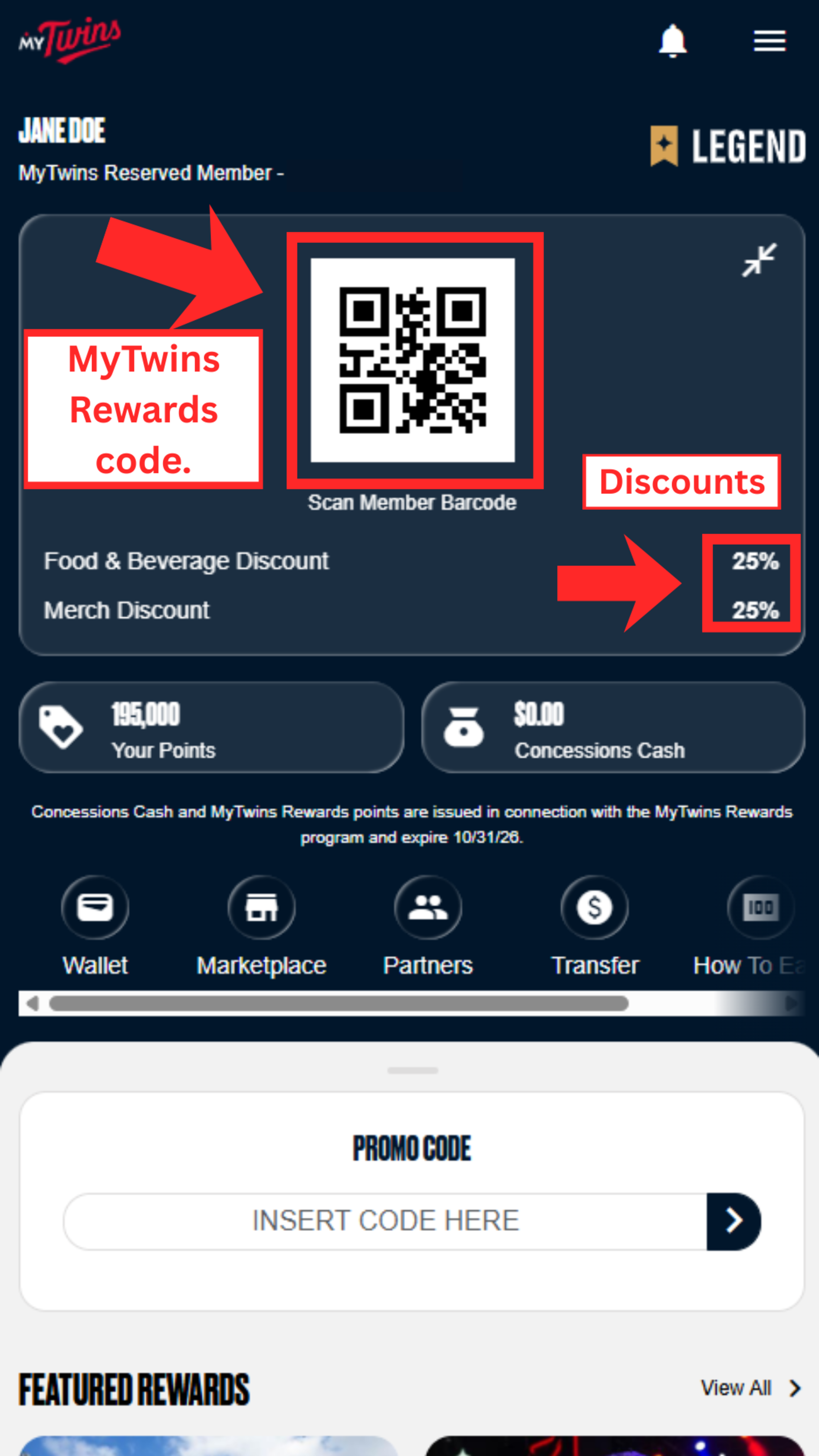 You will see your MyTwins Rewards code. Below it you will see your discounts.