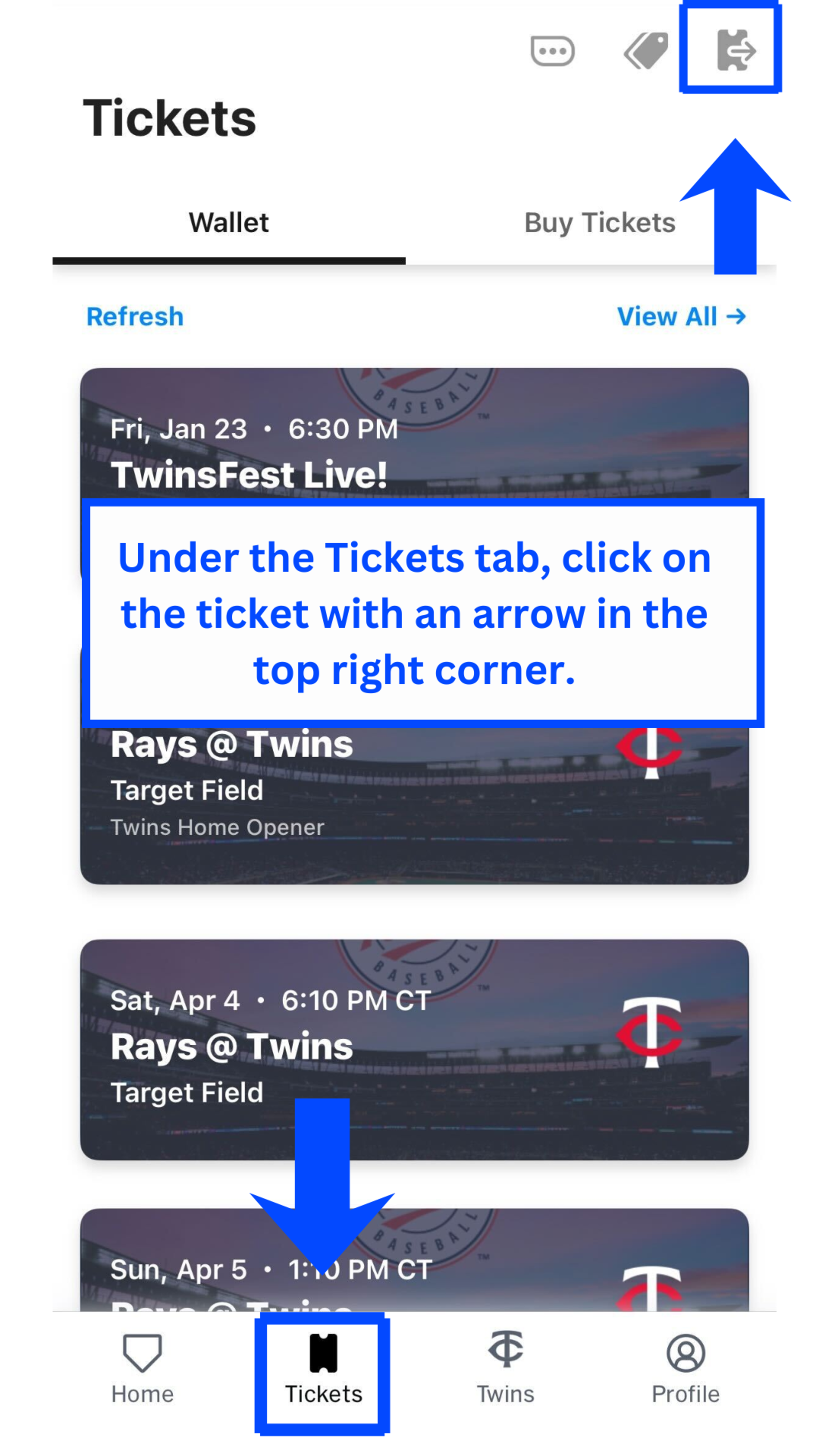 Under the Tickets tab, click on the ticket with an arrow in the top right corner.