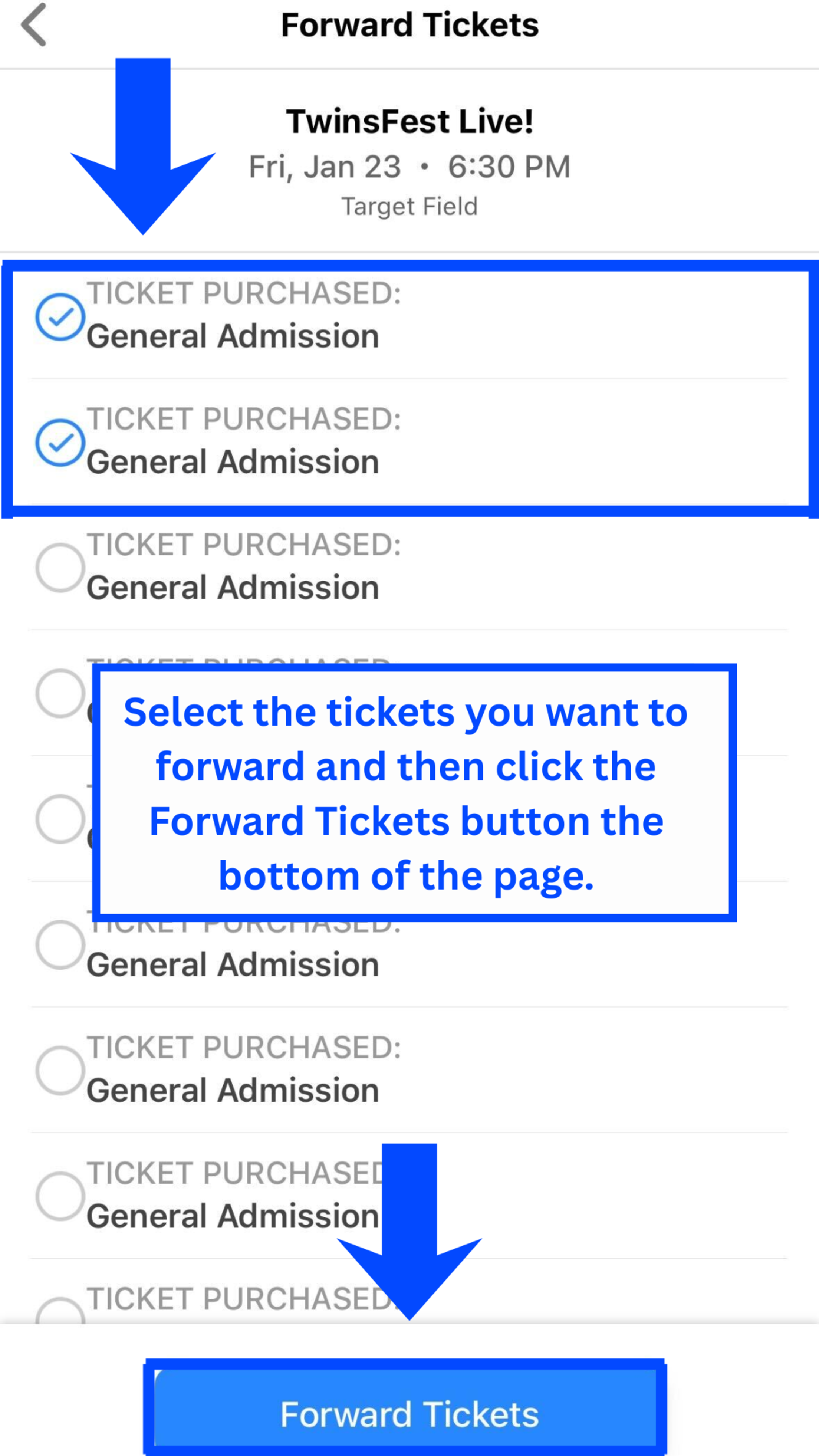 Select the tickets you want to forward and then click the Forward Tickets button at the bottom of the page