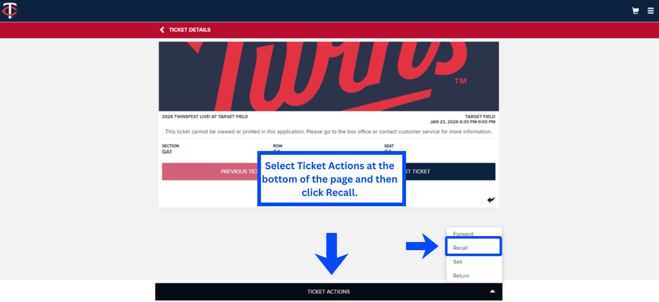 Select Ticket Actions at the bottom of the page and then click Recall