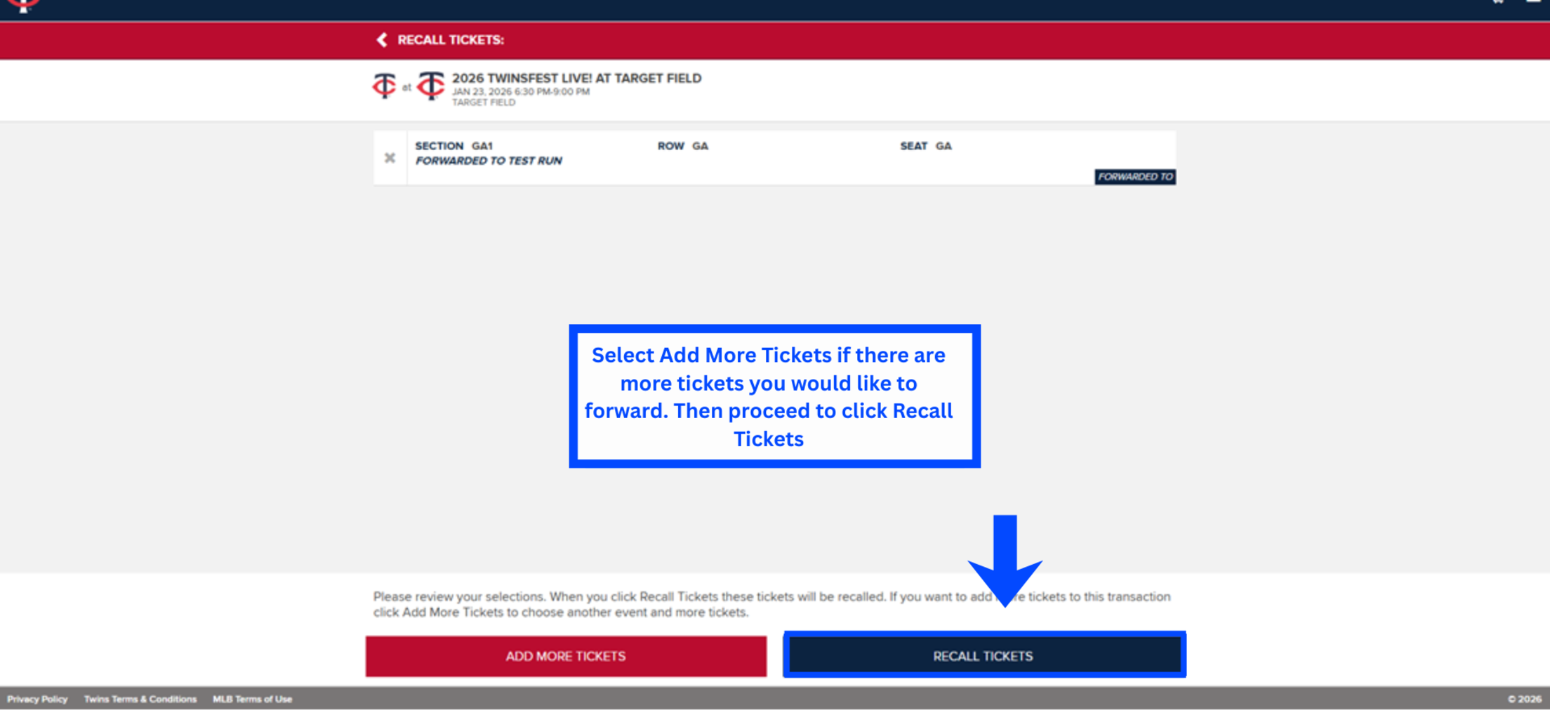 Select Add More Ticket(s) if there are more tickets you would like to recall. Then proceed to click Recall Tickets