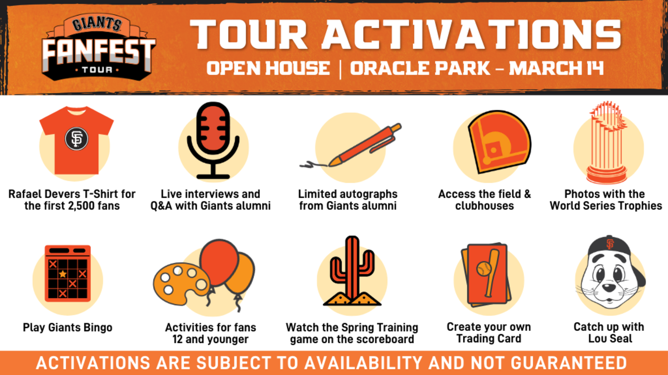 Tour Activations Sacramento, CA Saturday, January 31, 2026 Player/Coach Autographs Player/Coach Photo Ops Player/Coach Q&A Stage Photos with the World Series Trophies Purchase 2026 tickets for 20% off Face painting and balloons for fans 12 and younger Snag promotional items Create your own trading card Activations are subject to availability and not guaranteed.