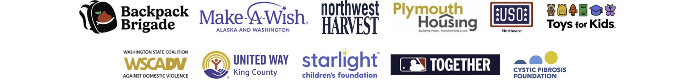 Community Partners: Backpack Brigade, Make a Wish Alaska and Washington, Northwest Harvest, Plymouth Housing, USO Northwest, WSCADV, United Way King County, Starlight Children's Foundation, MLB Together