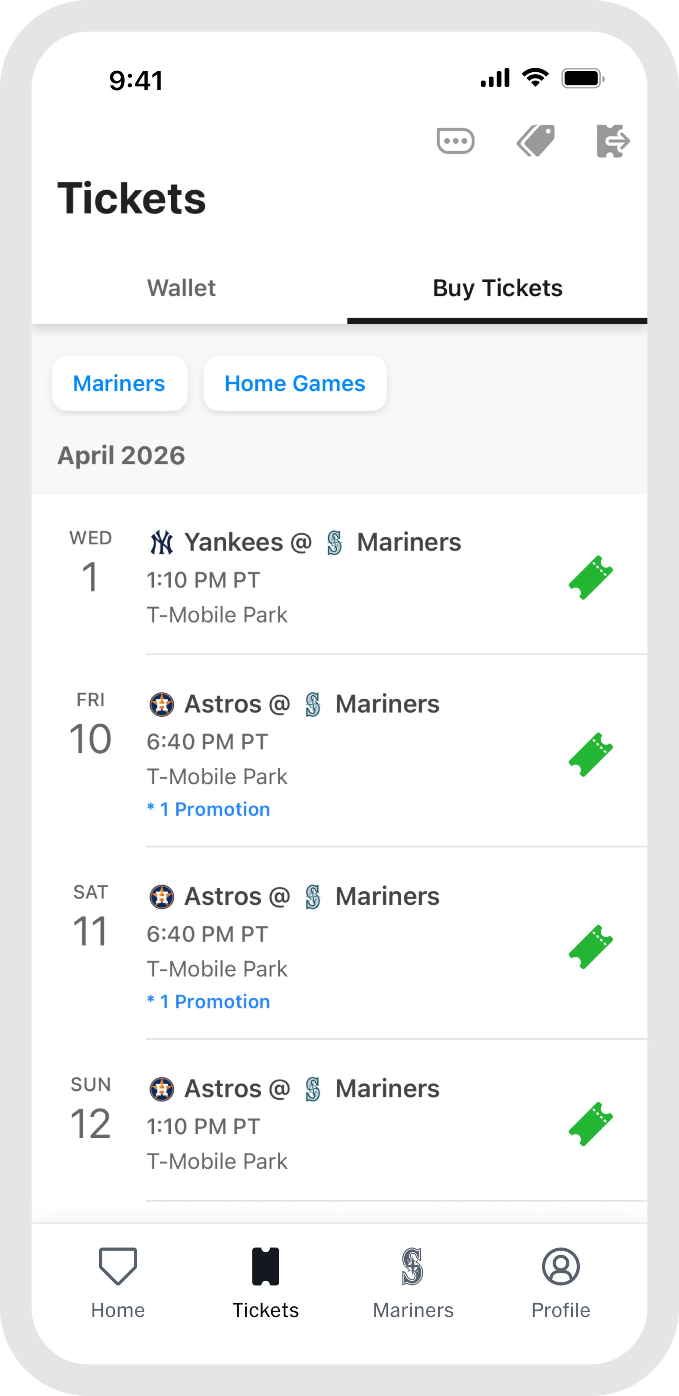 Image of Ballpark app Buy Tickets tab